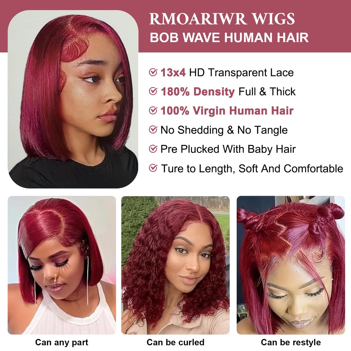 RMOARIWR 99j Burgundy Bob Wig Human Hair 180% Density 13x4 HD Transparent Lace Front Wigs Human Hair Pre Plucked Short Bob Glueless Straight Wigs Human Hair for Women 16 Inch