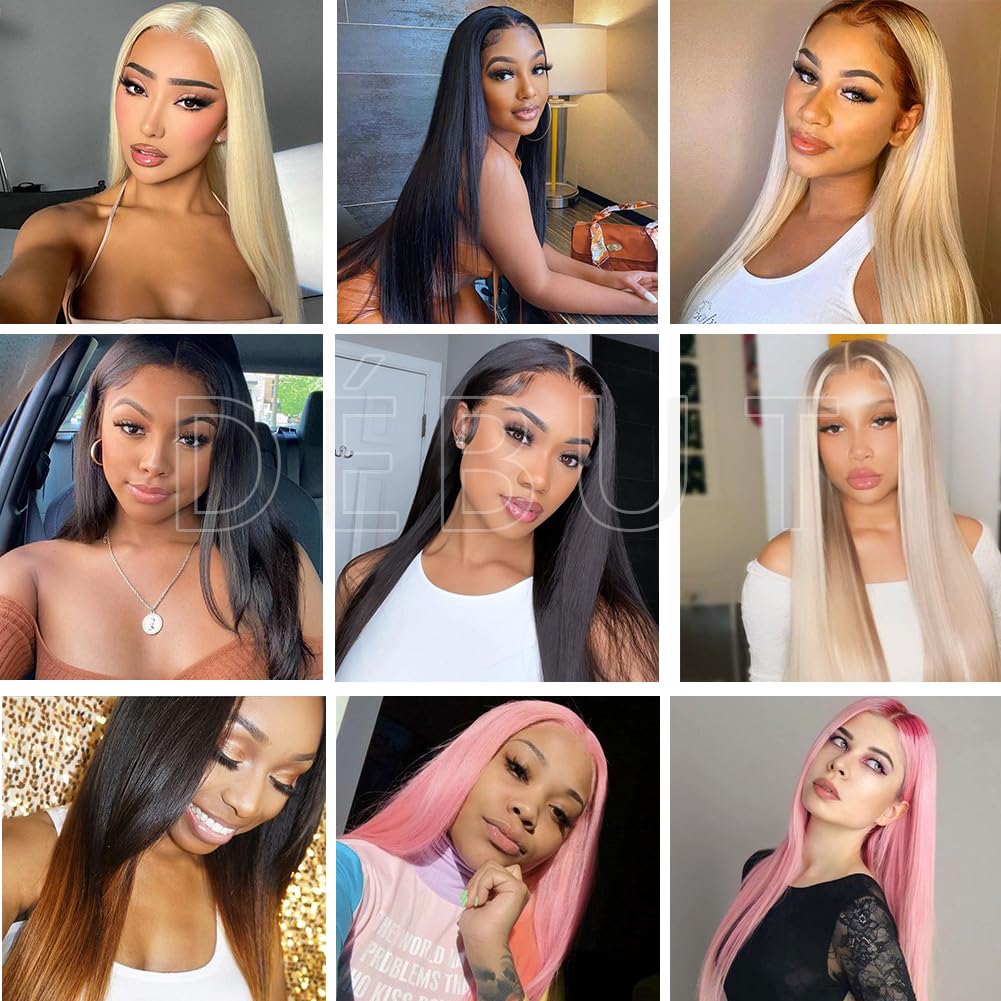 DÉBUT Silky Straight Synthetic Hair 6 Bundles with Lace Closure Long Straight Hair Bundles Weave Hand-Tied Middle Parting Lace Closure Ombre Brown 1B/30 Color for Full Head