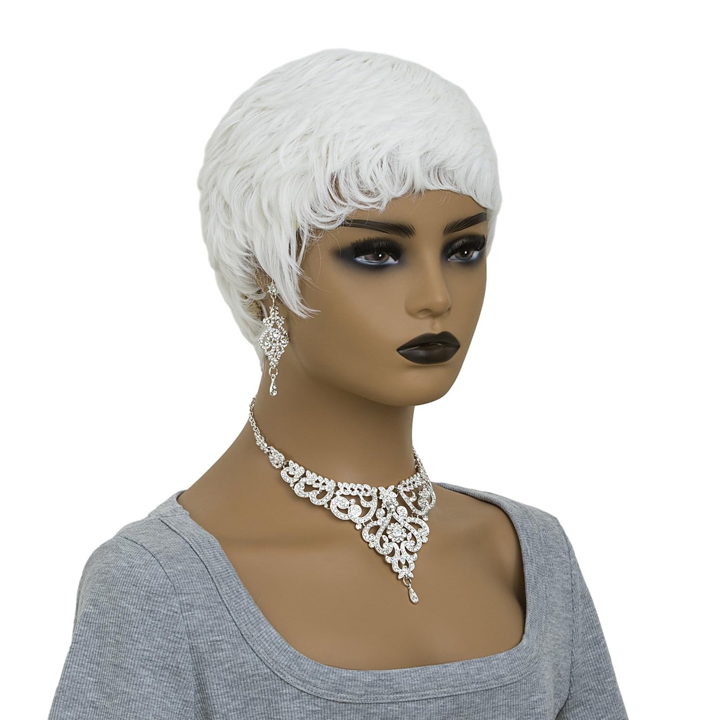 BOBCOO White Short Pixie Wigs for Black Women,Natural Wavy Synthetic Hair with Lightweight Cap, Soft Textured Short Bob Cut Wig(White)