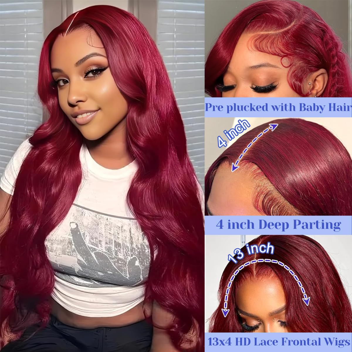 Dewyigs 99j Burgundy Lace Front Wigs Human Hair 30 Inch 13x4 Body Wave Lace Front Wigs Human Hair Pre Plucked 180 Density HD Transparent Red Colored Wigs Human Hair for Women with Baby Hair