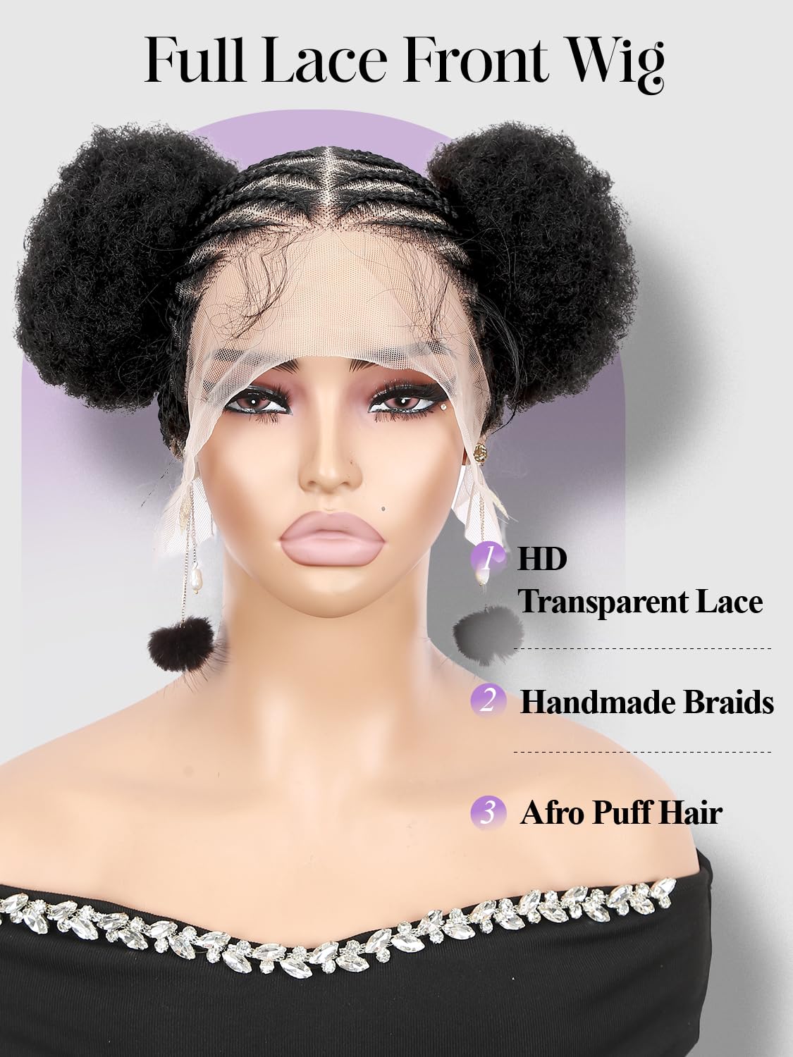 Quick Wig Braided Wigs Afro Puff Wig 360 Full Lace Puff Bun Updo Hair for Women Braided Lace Front Wig with Baby Hair Synthetic Handmade Braids Puff Wig Donut Chignon Wig (1B)