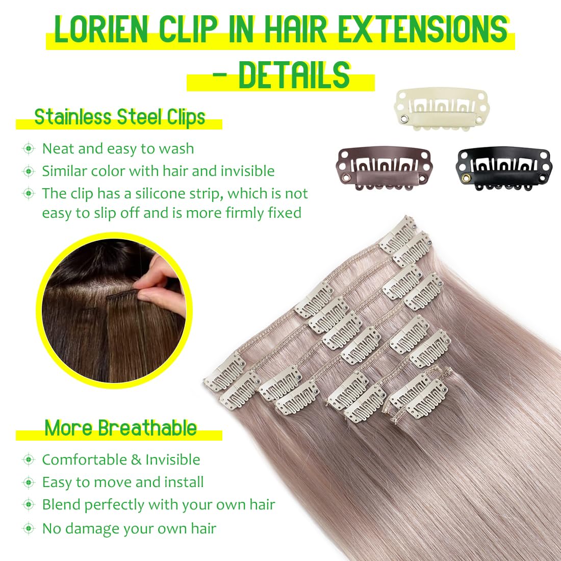 LORIEN Silver Grey Clip in Hair Extensions Real Human Hair Clip ins Remy Human Hair Clip in Extensions Invisible Natural Straight Seamless Clip on Hair Extensions 8pcs Double Weft 18 Inch 100g