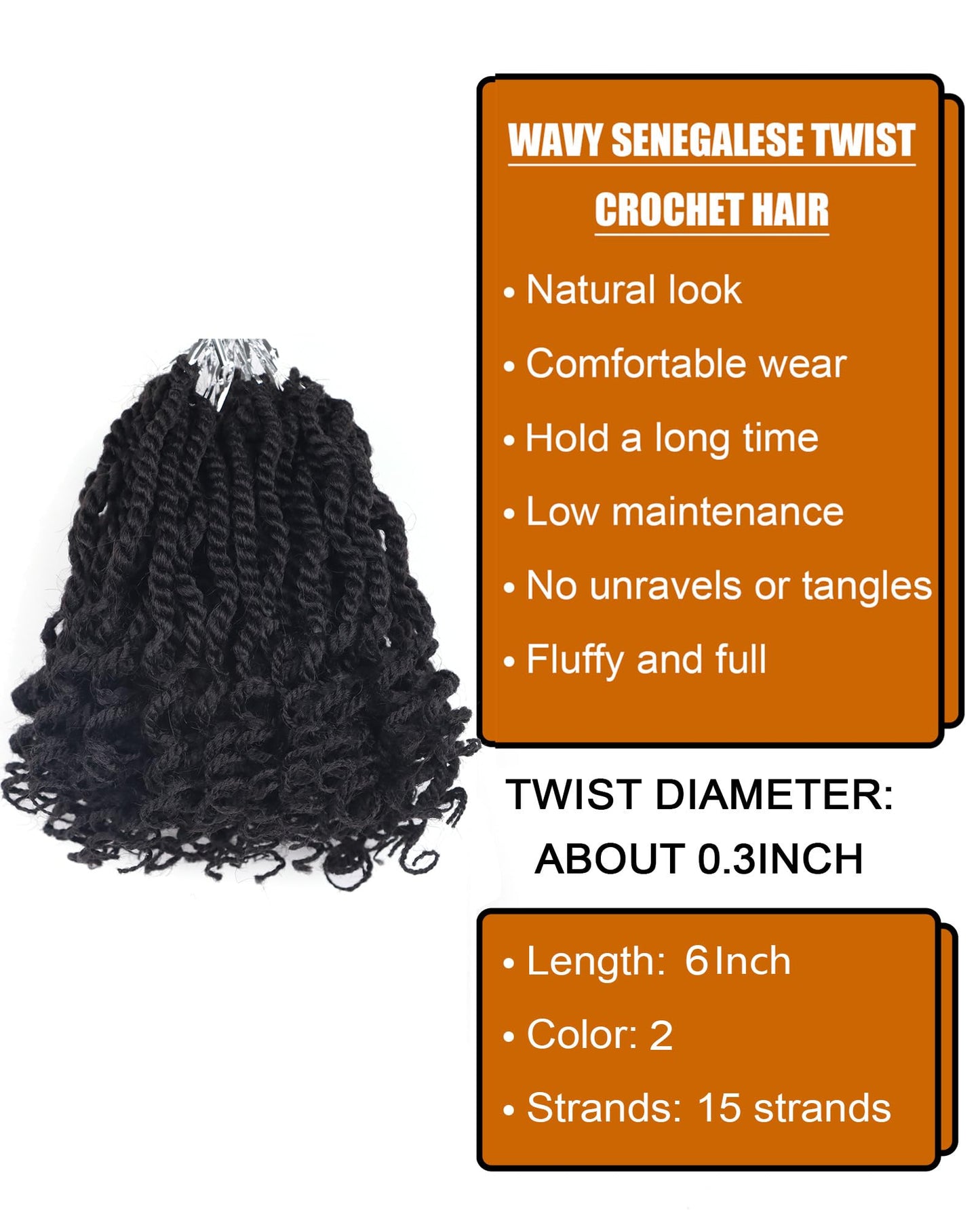 6 Inch Wavy Senegalese Twist Crochet Hair Color 2 Short Crochet Braids for Black Women 8 Packs Pre Looped Bob Kinky Twist Crochet Hair with Curly Ends for Kids (6 Inch,2)