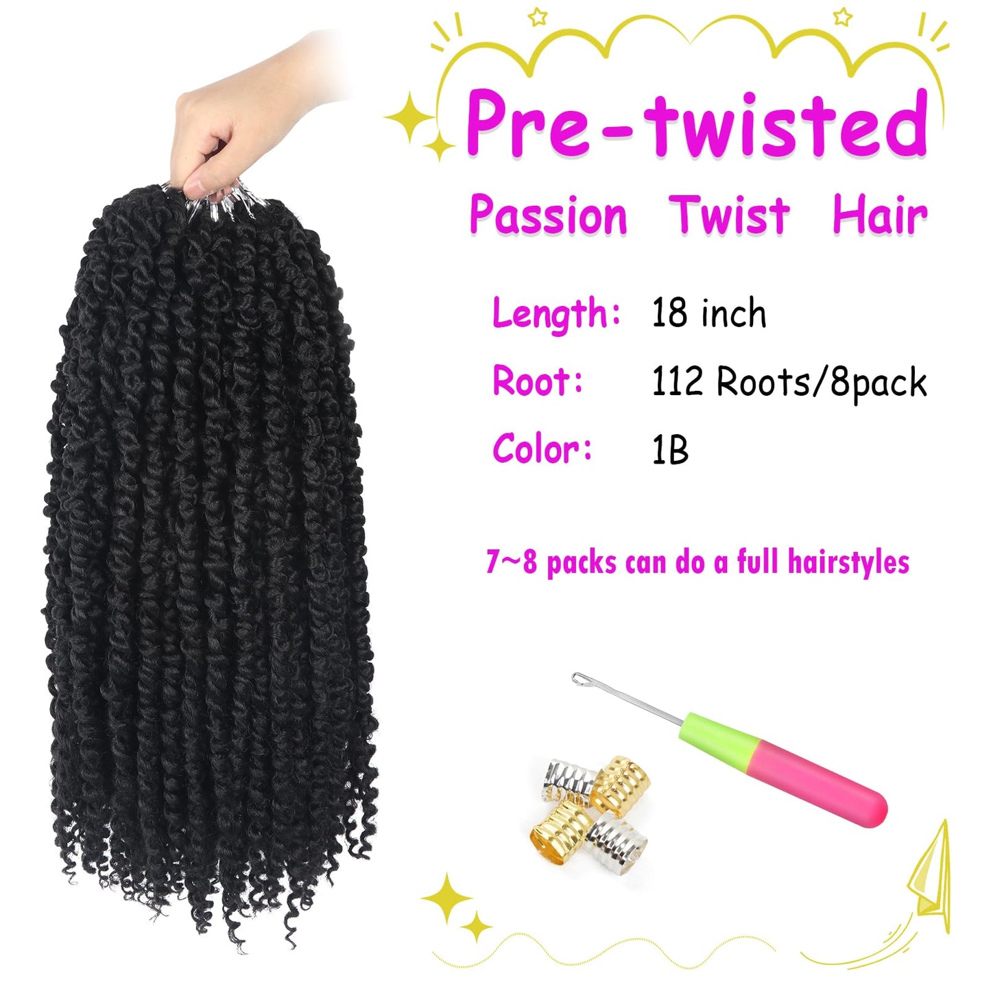 Bileaf Passion Twist Crochet Hair 18 Inch Crochet Passion Twist Hair Pretwisted, Pre Looped 8 Packs Passion Twist Crochet Braids Passion Twists Bohemian Twist Crochet Hair for Women Girls and Kids 1B