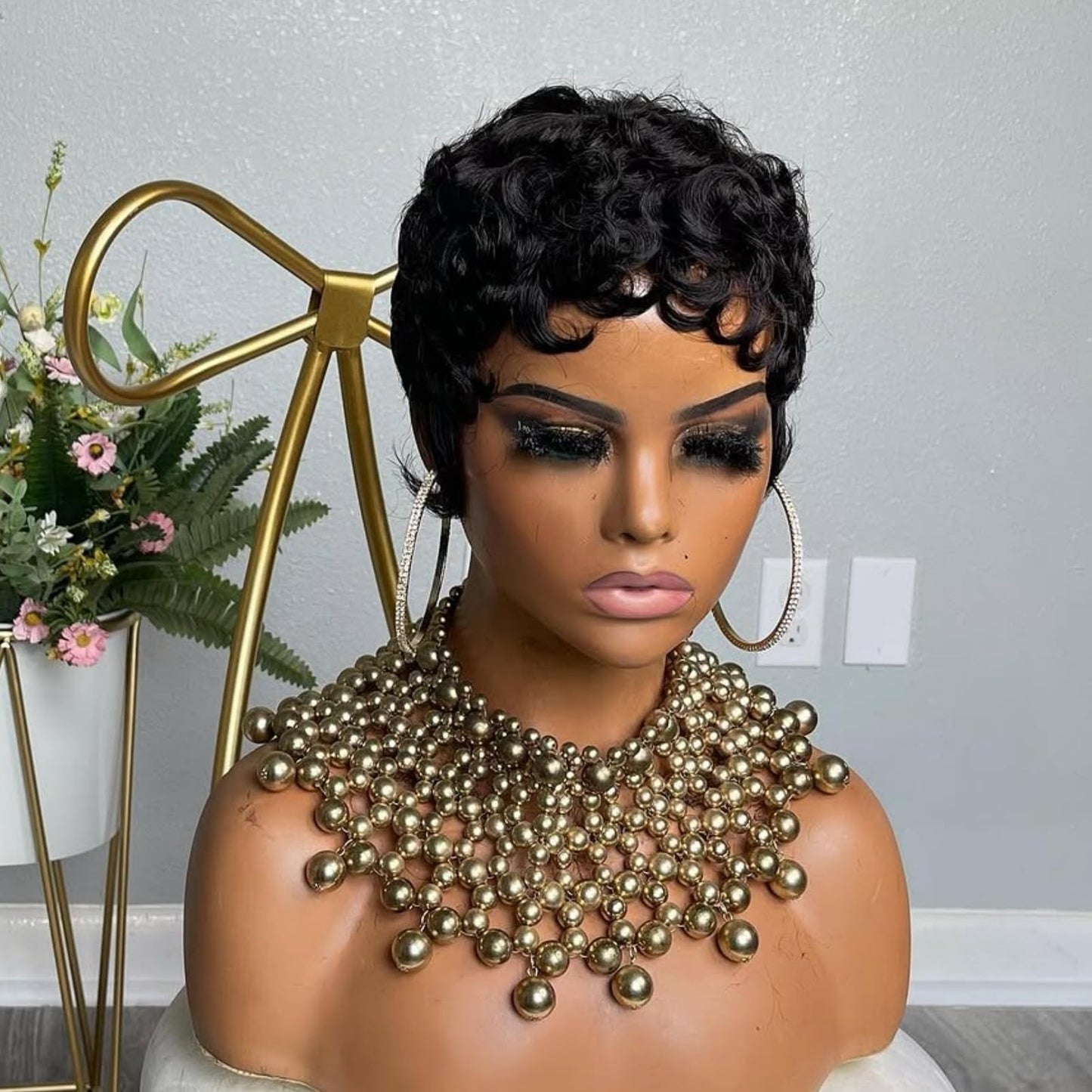 QiaQiaRing Pixie Cut Wigs for Black Women Brazilian Virgin Curly Wave Human Hair Glueless Short Layered Pixie Cut Curly Wigs With Bangs Natural Black Color for Daily Use
