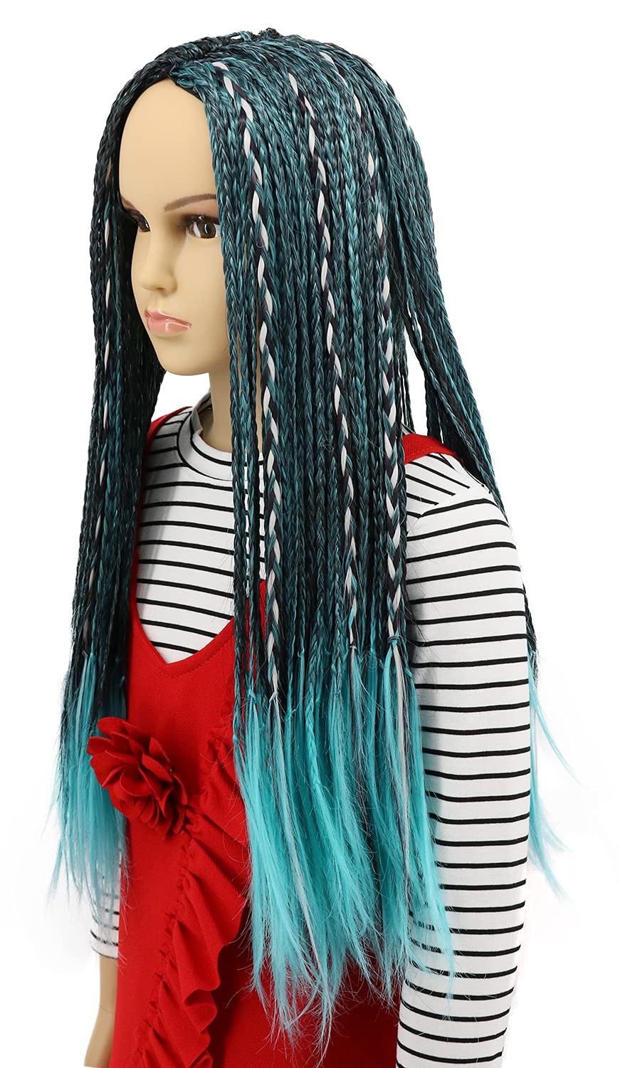 karlery Kids Girls Long Braid Blue and Black Mixed Wig Halloween Cosplay Wig Anime Costume Party Wig
