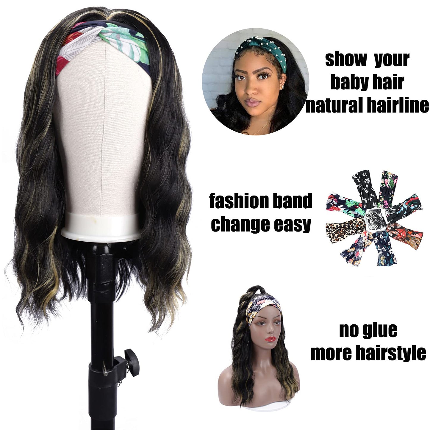 Colorful Queen Glueless Headband Wig Synthetic Long Black Body Wave Headband Wigs for Black Women Natural Looking Wavy Wig Heat Resistant 180% Density(16inch, 1B/H27#)