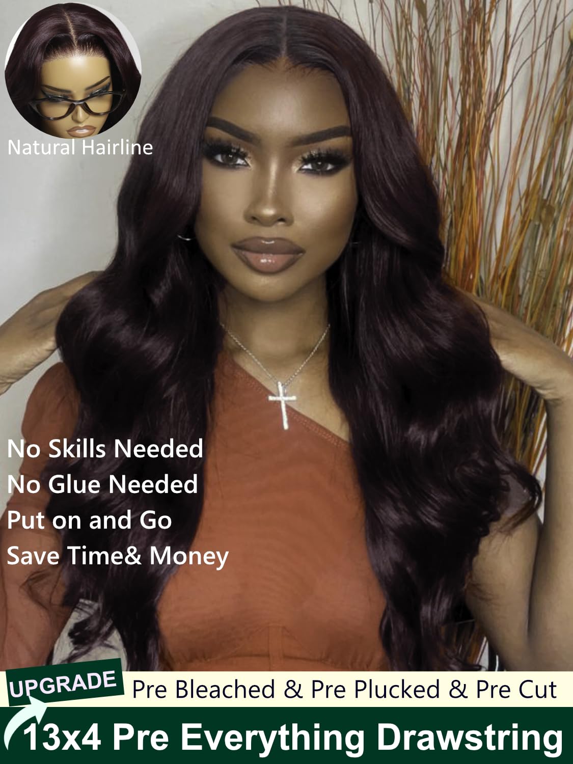 KLAIYI Black Cherry Loose Body Wave Pre Eeverything 13x4 Lace Frontal Wigs Human Hair Bye Bye Knots Glueless Ready to Wear and Go Wig with Face Framing Bangs Drawstring Pre Plucked Burgundy Wig 26Inch
