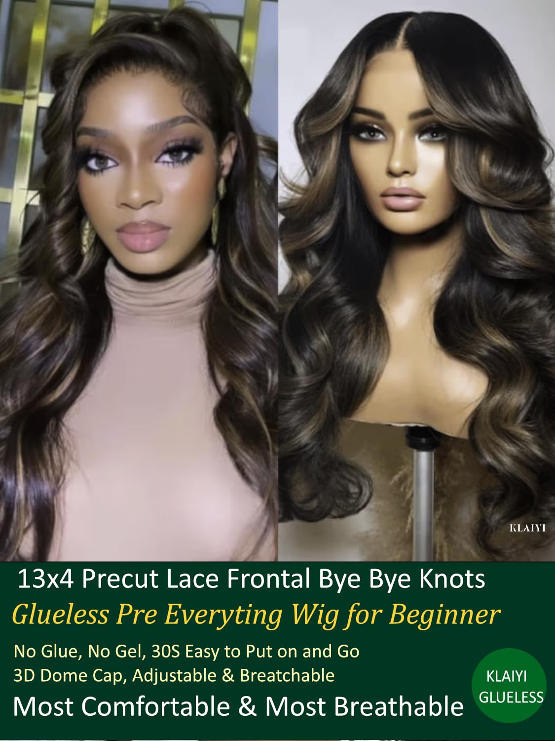 KLAIYI 13x4 Pre Everything Lace Front Chocolate Brown With Highlights Loose Body Wave Wig Human Hair Pre Cut Lace Pre Bleached Bye Bye Knots Pre Plucked Ombre Glueless Wear Go Wig Ready to Wear 26Inch