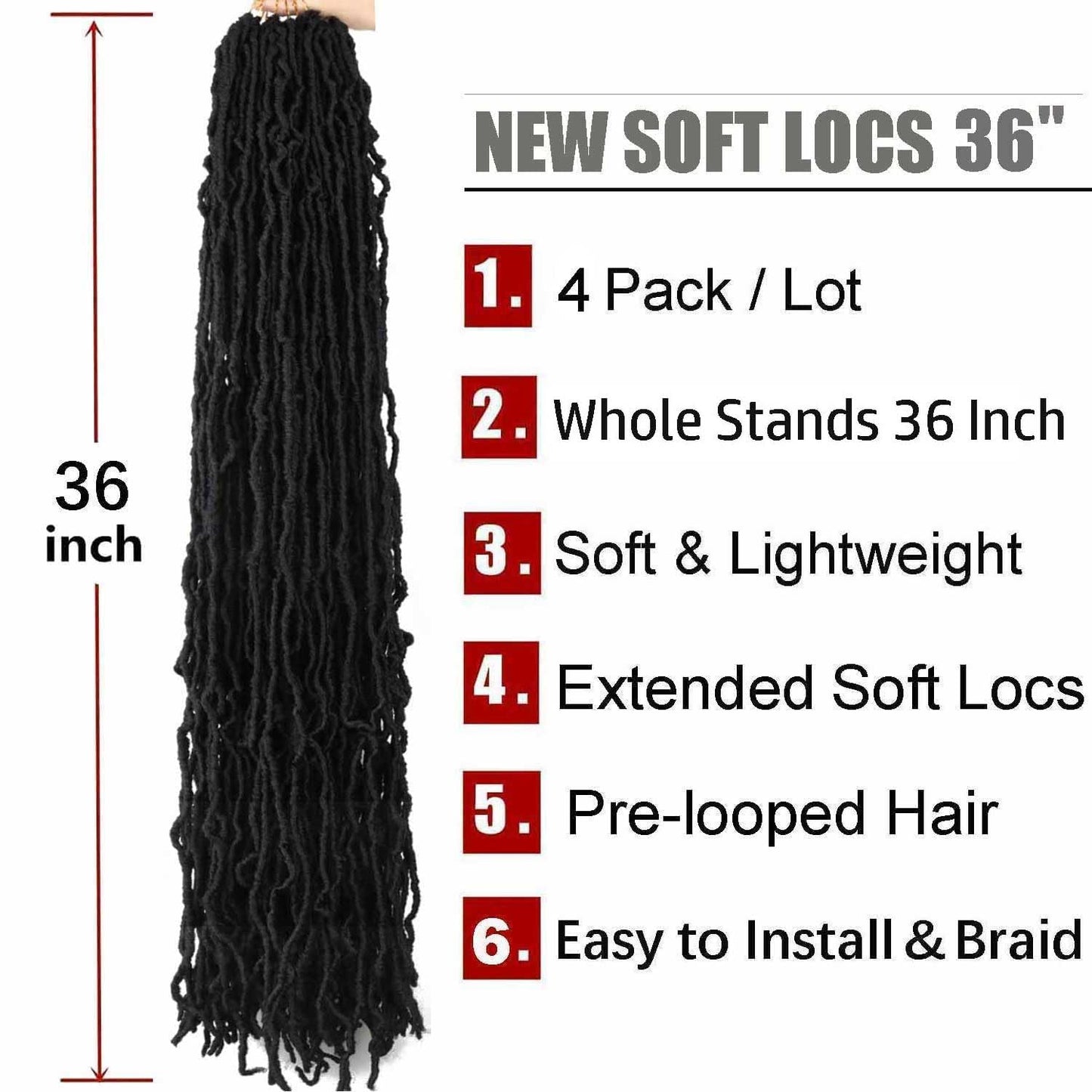 6 Packs Soft Locs Crochet Hair Pre Looped Faux Locs Crochet Braids Goddess Locs Dreadlocs Synthetic Hair For Black Women (1B, 36 Inch (Pack of 4))