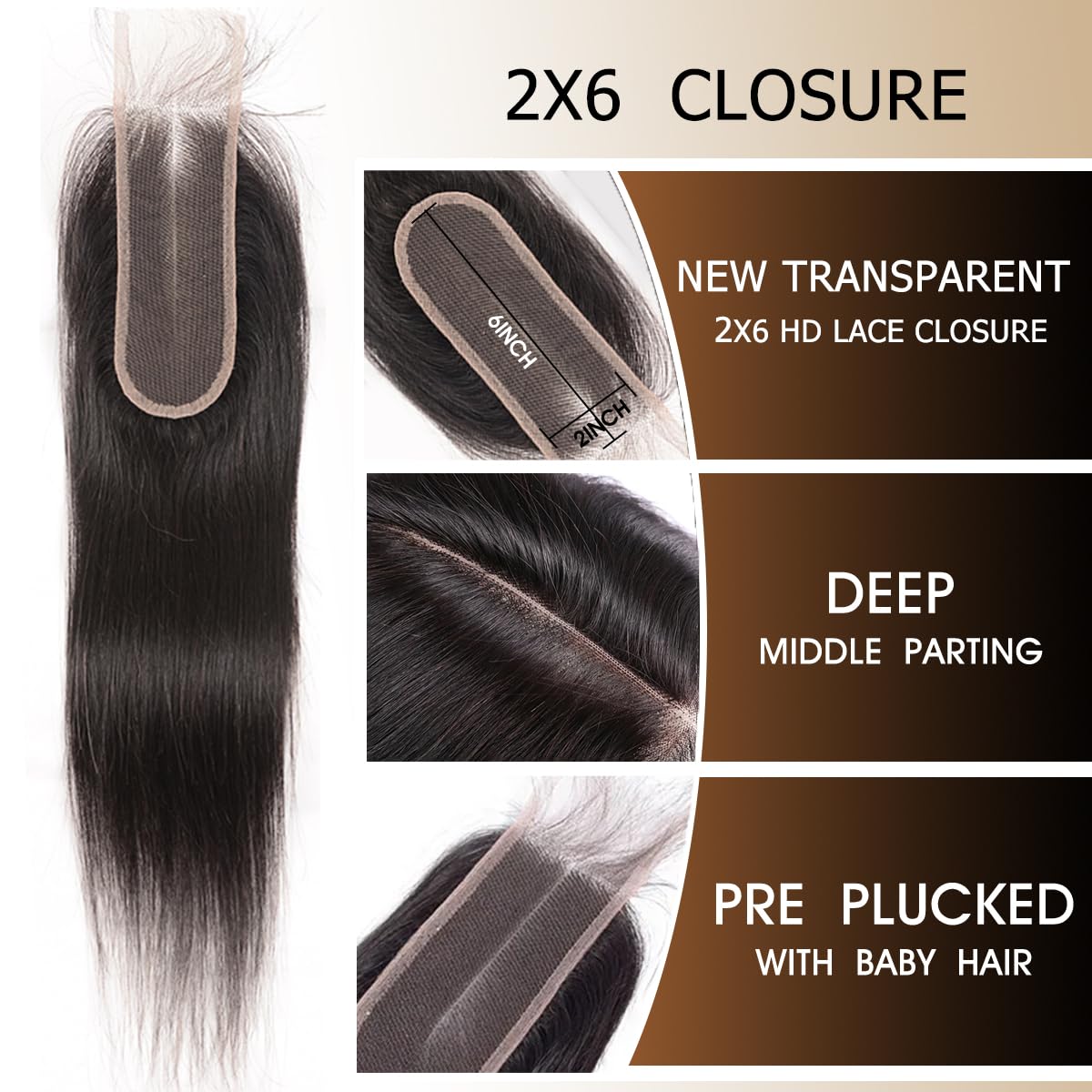 Tiny Knots Deep Middle Part Transparent 2x6 HD Lace Closure Straight Human Hair Pre Plucked