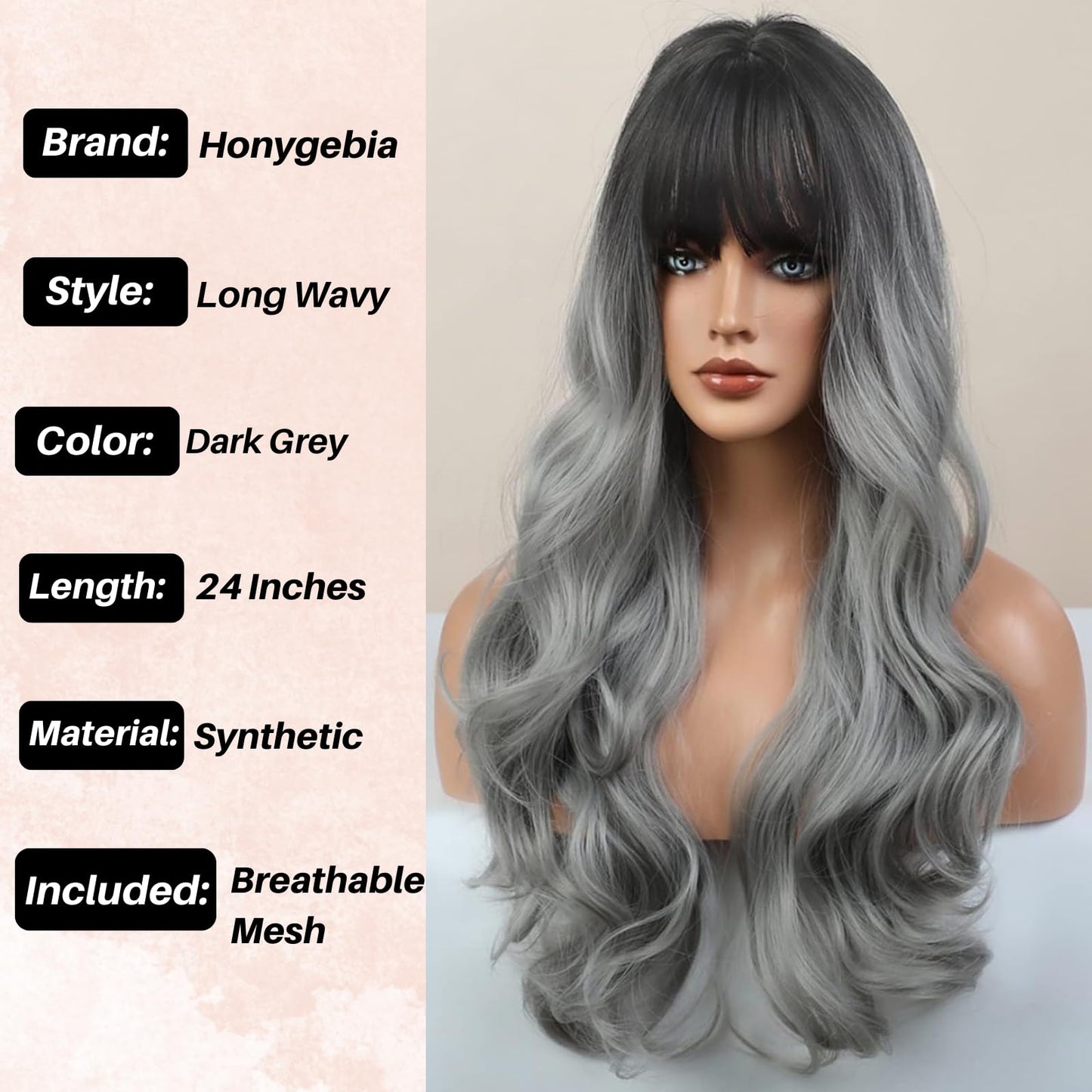 Honygebia Grey Wig with Bangs - Ombre Gray Wigs for Women, Long Wavy Layered Black Root Realistic Hair, Natural Synthetic Heat Resistant Wigs for Halloween/Christmas/Cosplay/Party