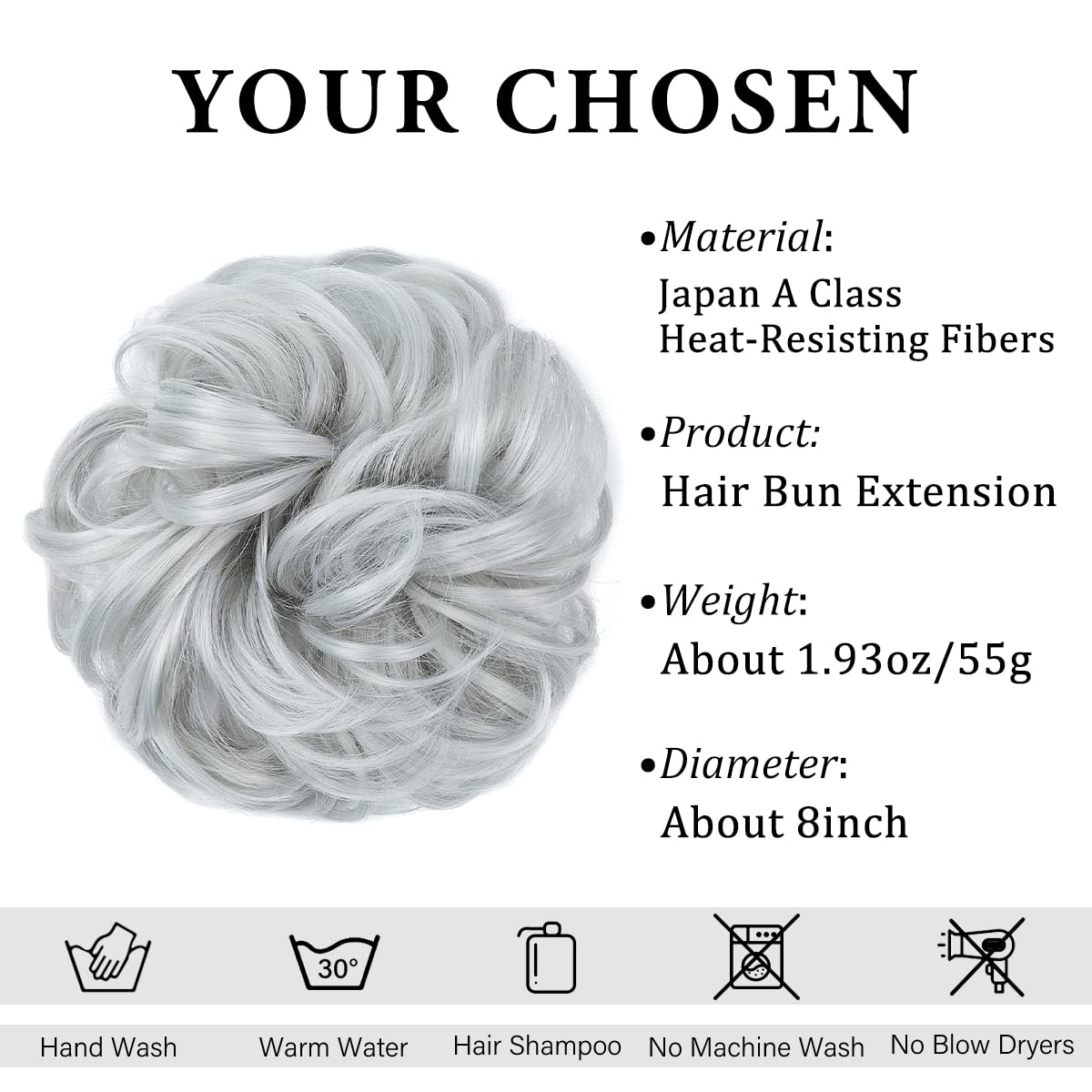 CJL HAIR Large Messy Bun Hair Piece Wavy Curly Scrunchies Synthetic Chignon Ponytail Hair Extensions Thick Updo Hairpieces for Women (Light Silver Grey)