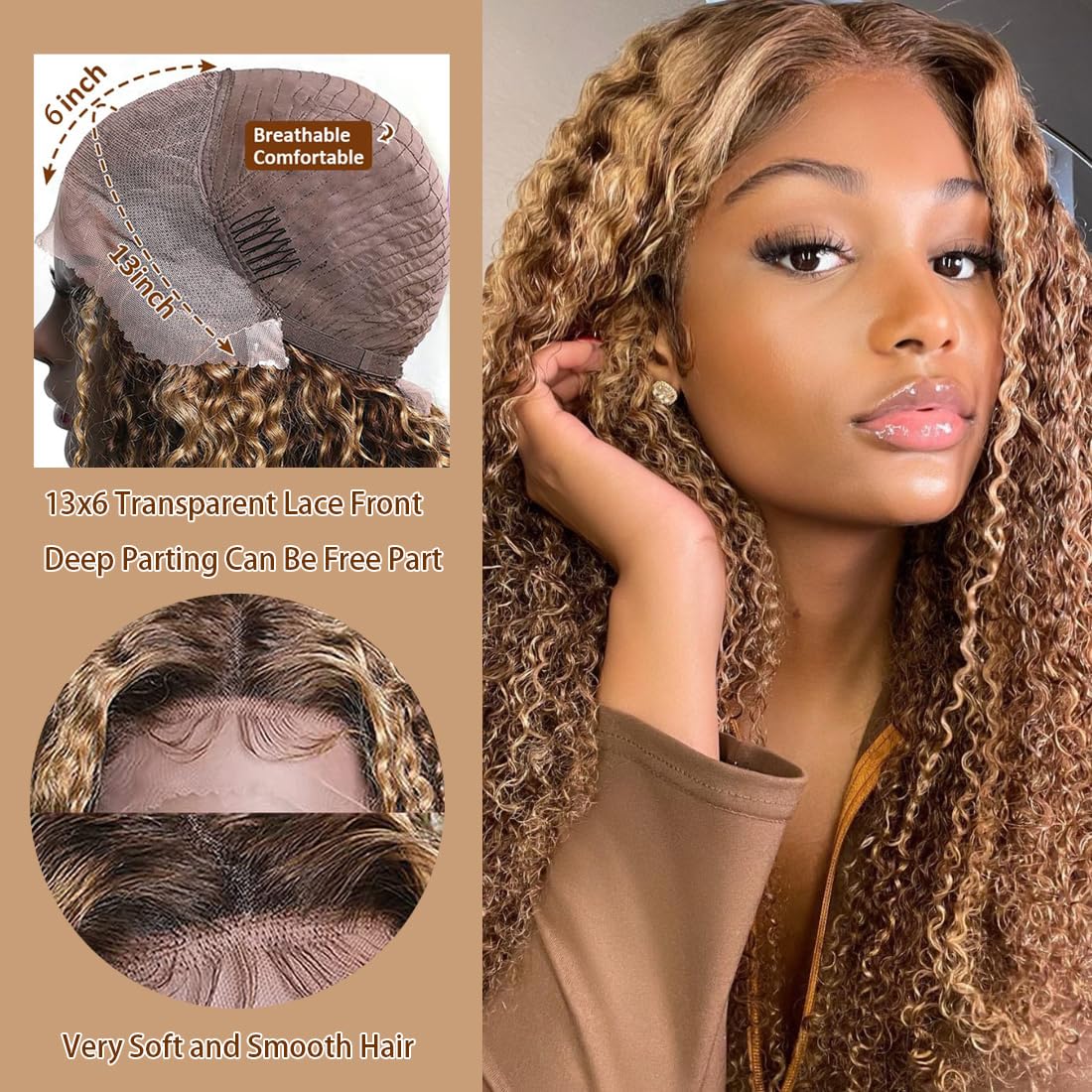Ladoux Ombre Honey Blonde 13x6 HD Transparent Water Wave Lace Front Human Hair Wigs for Women 180% Density 4/27 Colored Highlight Curly Glueless Wigs 26Inch Pre Plucked with Baby Hair