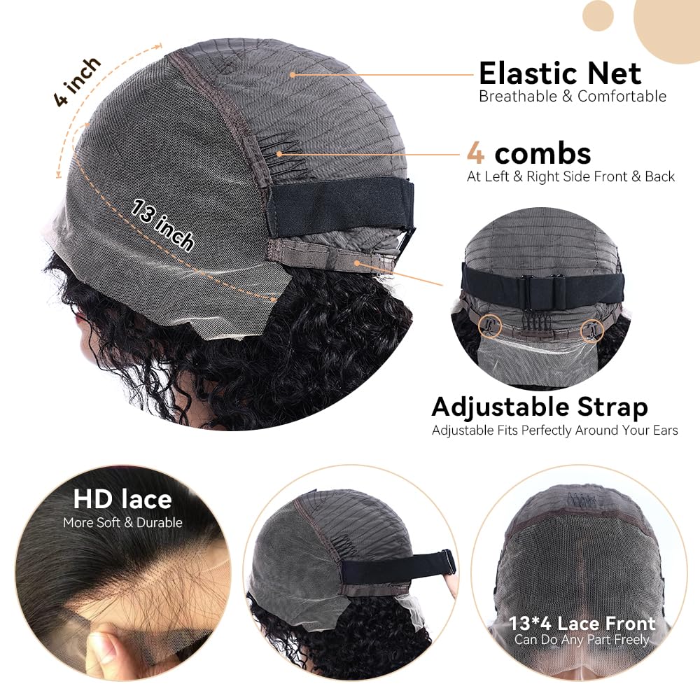 13x4 Bob Wig Human Hair 12A Short Deep Wave Lace Front Wigs Human Hair 180% Density Deep Curly HD Lace Frontal Human Hair Wig for Women Glueless Wig Pre Plucked Natural Hairline 14 Inch