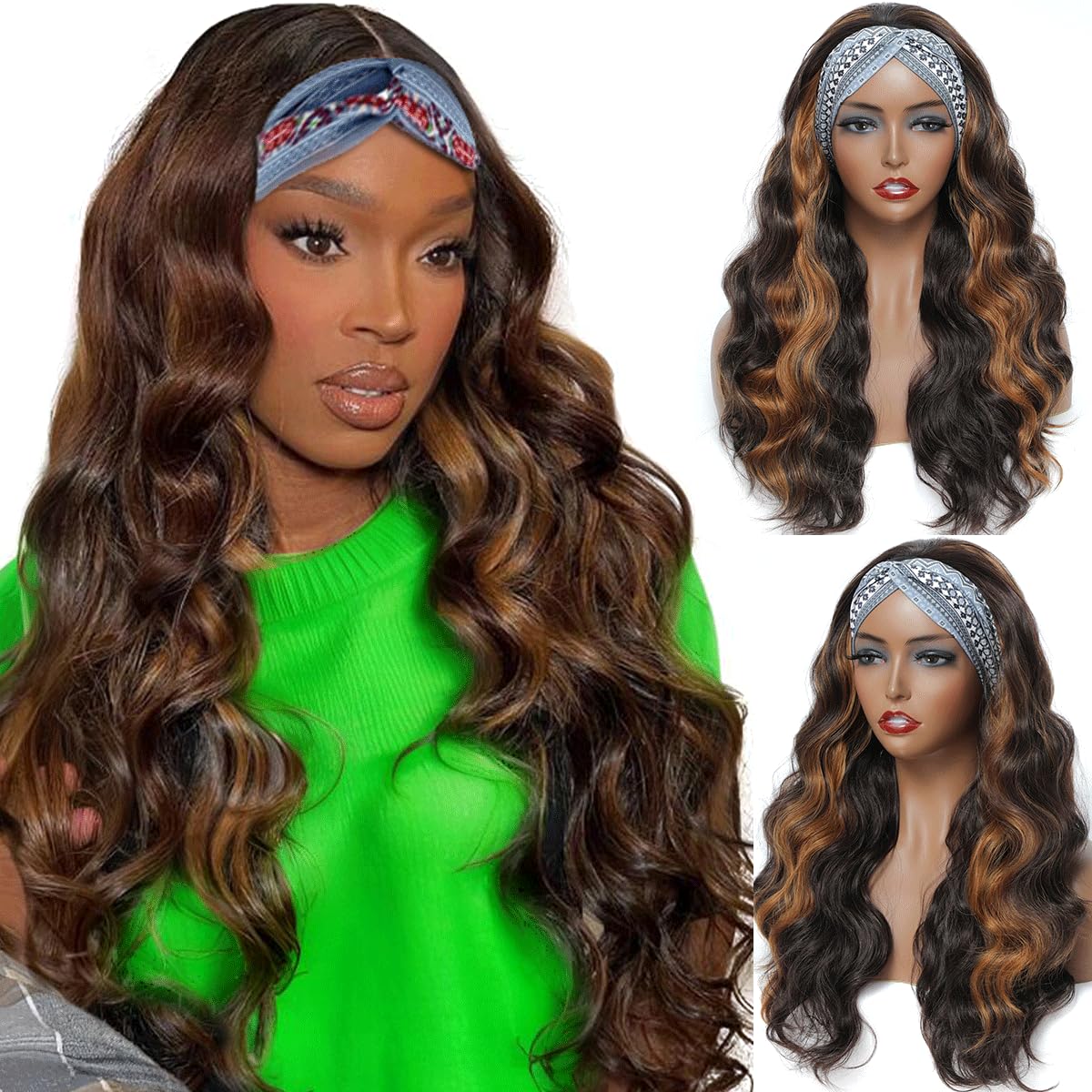 YUPEWG Long Wavy Headband Wigs for Black Women Glueless Highlight Brown And Black Synthetic Headband Wig Ready to Wear Wigs Glueless Wigs Daily Party Wear