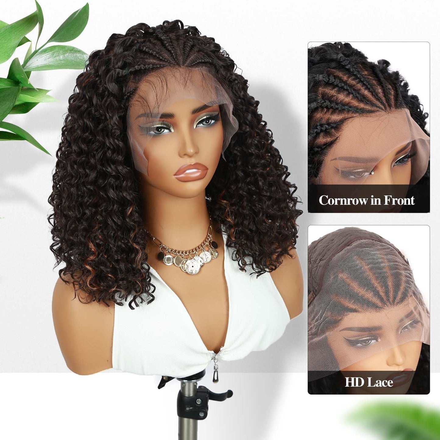 Fancy Hair Braided Wig Cornrow with Curly Hair Wig HD Lace Front Wig with Baby Hair Pre Plucked Glueless Transparent 13x4 Inch Highlight Brown Wig for Black Women