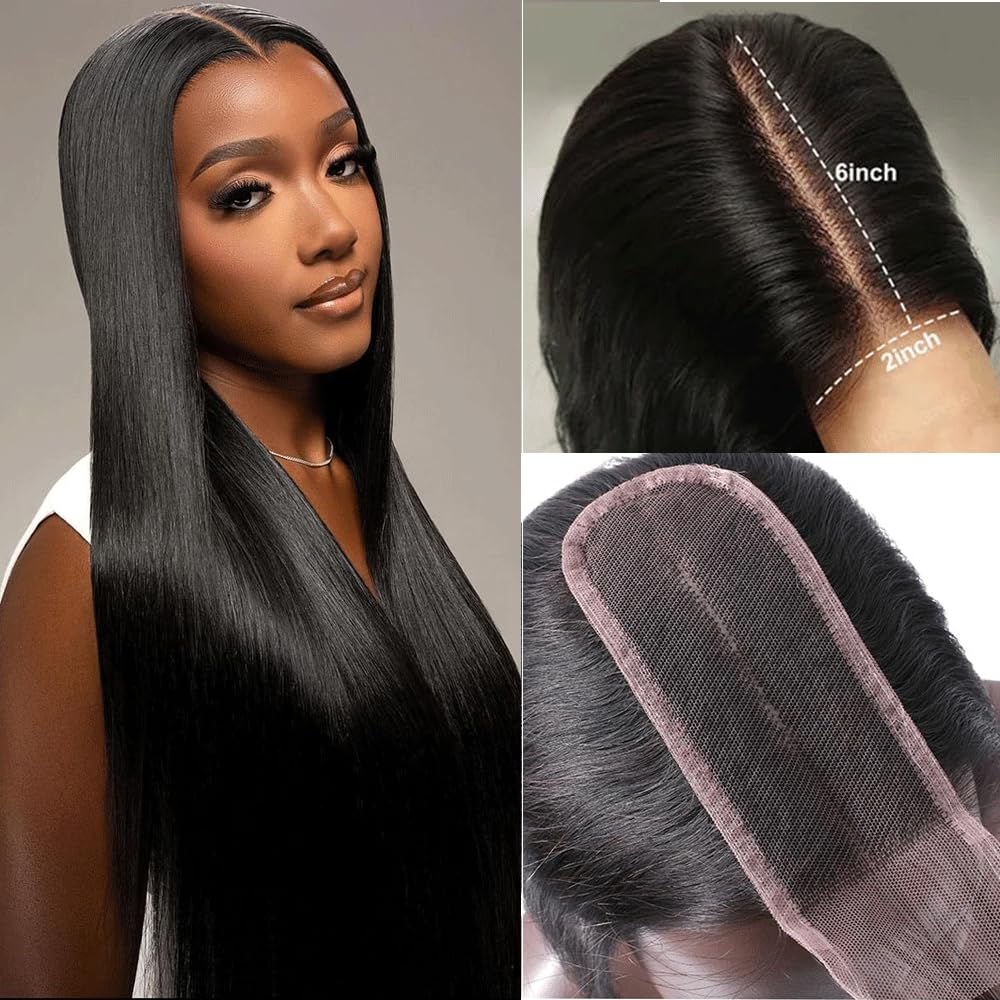 2x6 HD Lace Closure Straight Lace Closure Pre Plucked Single Knot Kim K Long Deep Parting 0.10mm Ultra-thin Invisible Swiss 130% Density Virgin Human Hair Natural Black(18 Inch)