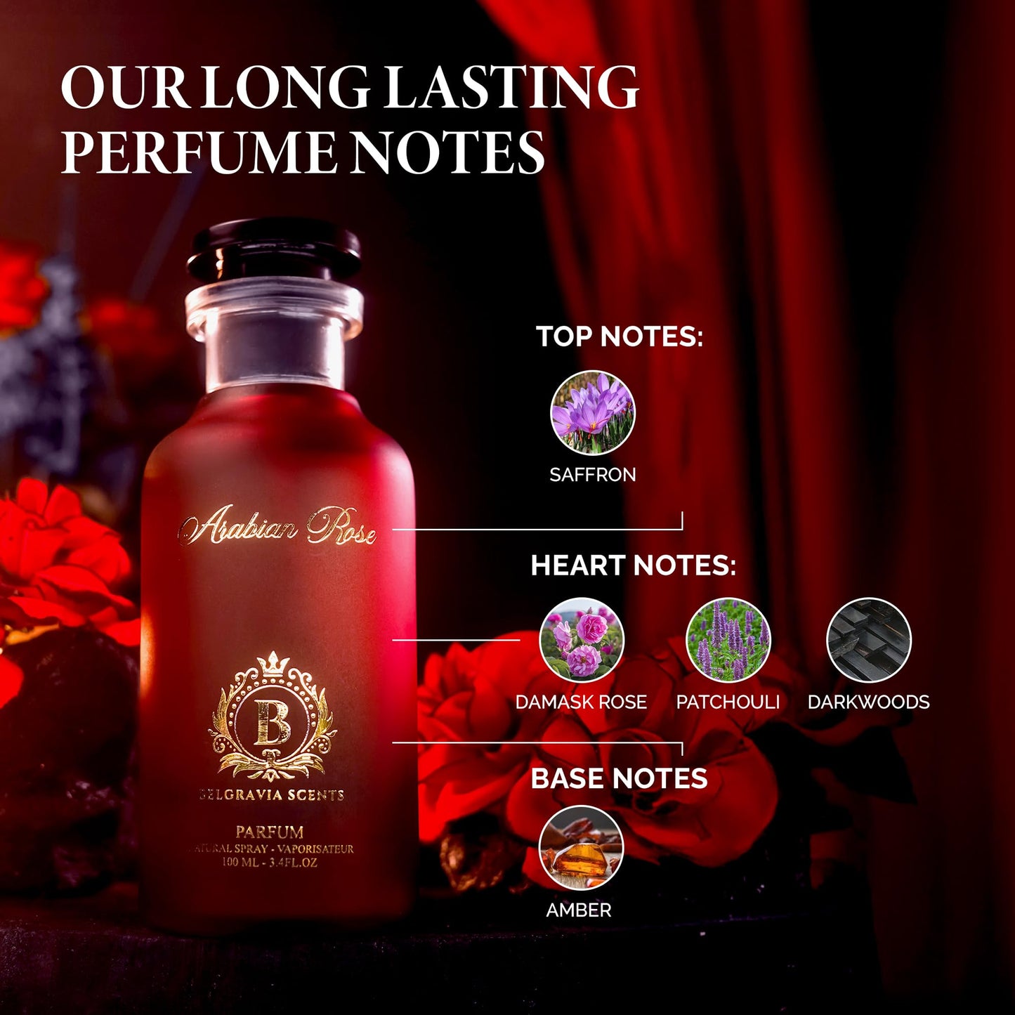 Belgravia Scents Arabian Rose Eau De Parfum 100ml (3.4 oz) - Long-Lasting Fragrance For Women Premium Oil-Based Rose & Saffron Cologne With Patchouli & Darkwoods Luxury Perfume EDP