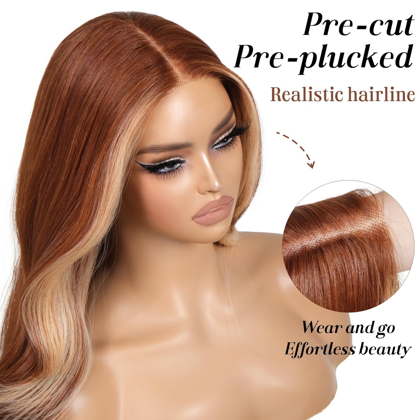 ENCOUNTERU Ginger Wear and Go Glueless Wig with Bangs Skunk Stripe Synthetic Lace Front Wigs for Women Body Wave Pre Plucked Pre Cut HD Lace Glueless Ready to Wear Middle Part 26 Inch