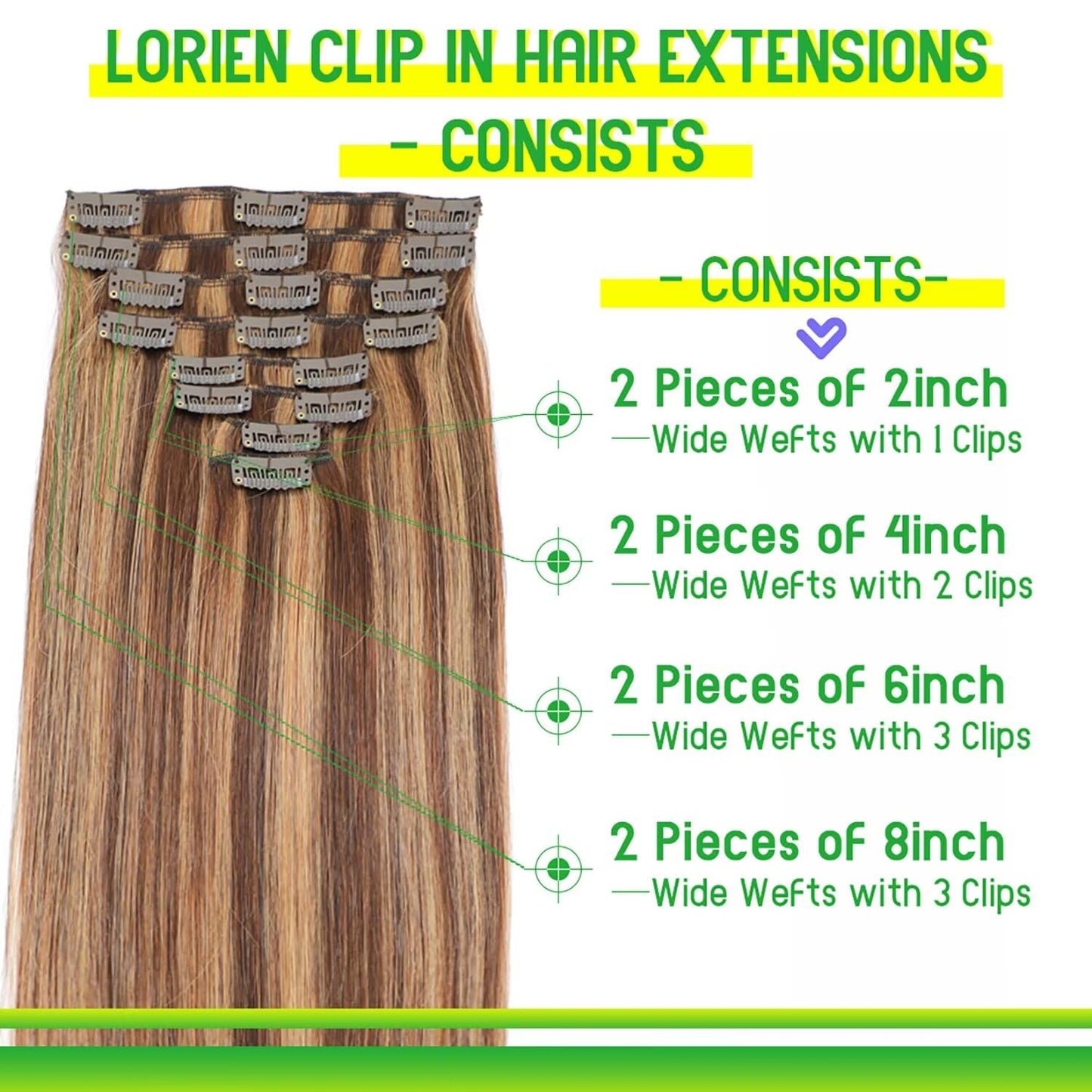 LORIEN Clip in Hair Extensions Real Human Hair, 18 Inch 100g, 4/27 Chocolate Brown to Caramel Blonde, Clip in 100% Brazilian Remy Human Hair Extensions 8pcs Per Set with 18 Clips Double Weft