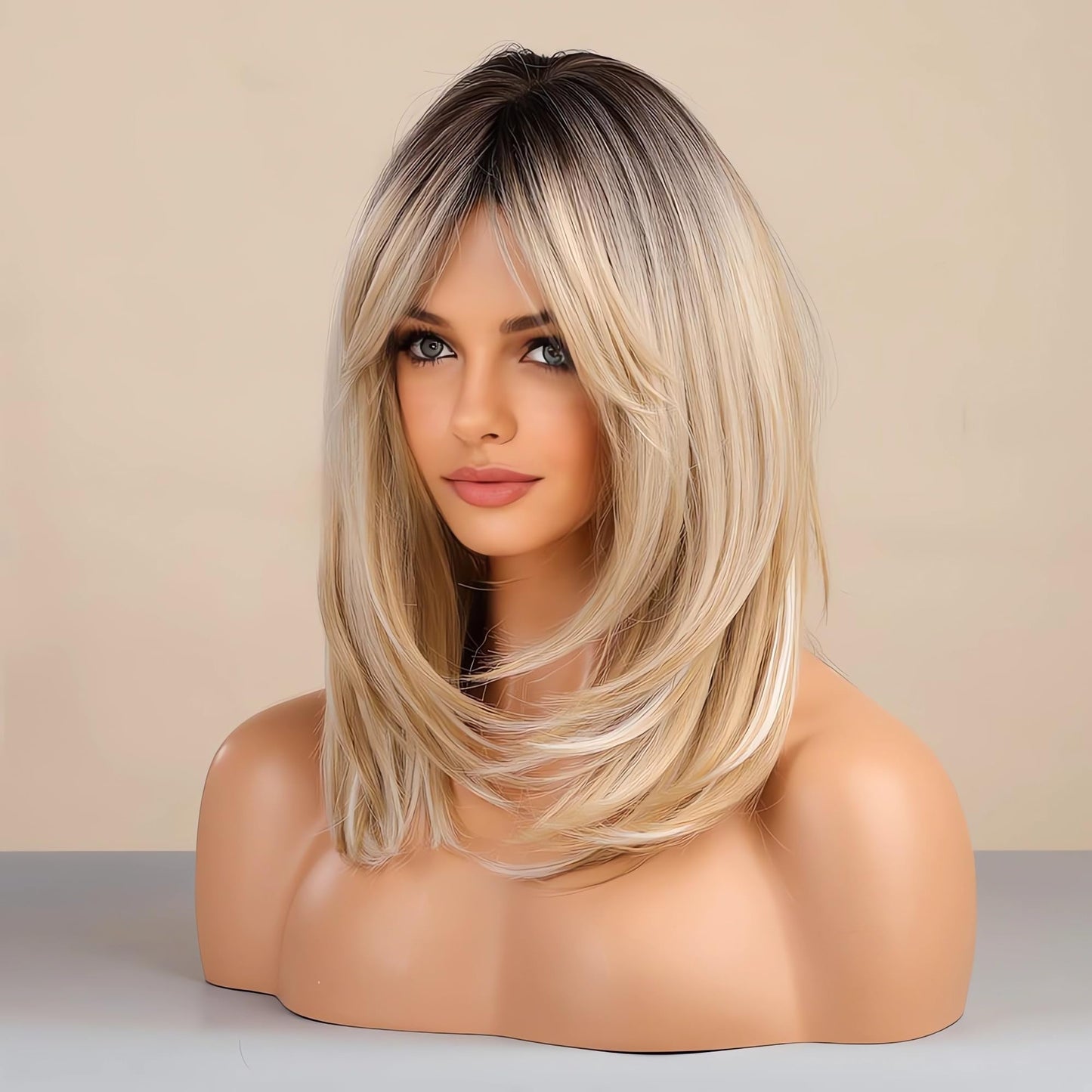 Tumhorn Long Layered Blonde Wigs for Women Synthetic Hair Wig with Bangs Natural Wavy Heat Resistant Wigs for Daily Party Use