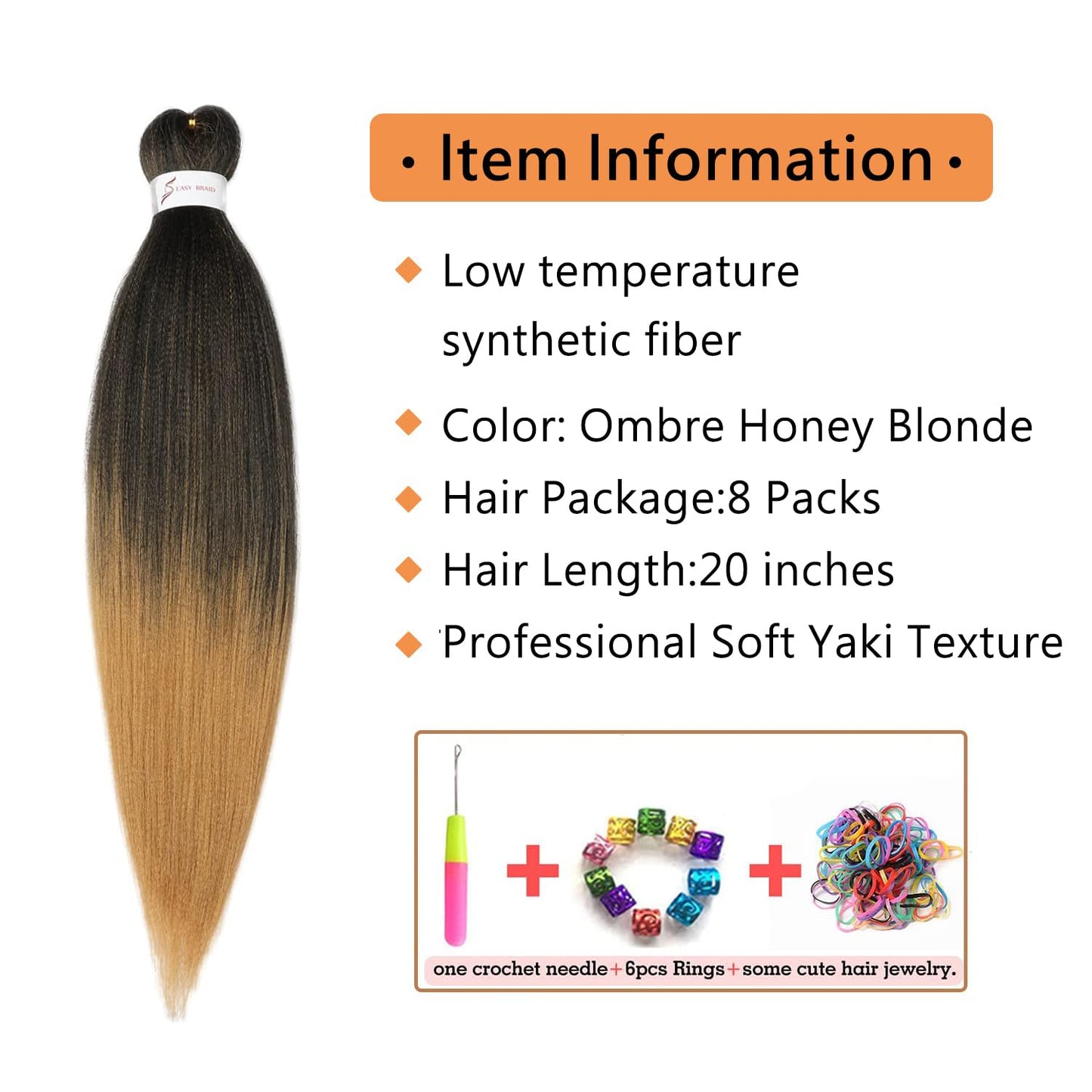 Ubeleco Pre Stretched Braiding Hair, 8 Packs 20 inch Braiding Hair Pre Stretched Yaki Texture, Hot Water Setting, Easy To Install Professional Synthetic Ombre Hair for Braiding(20in,1B/27)