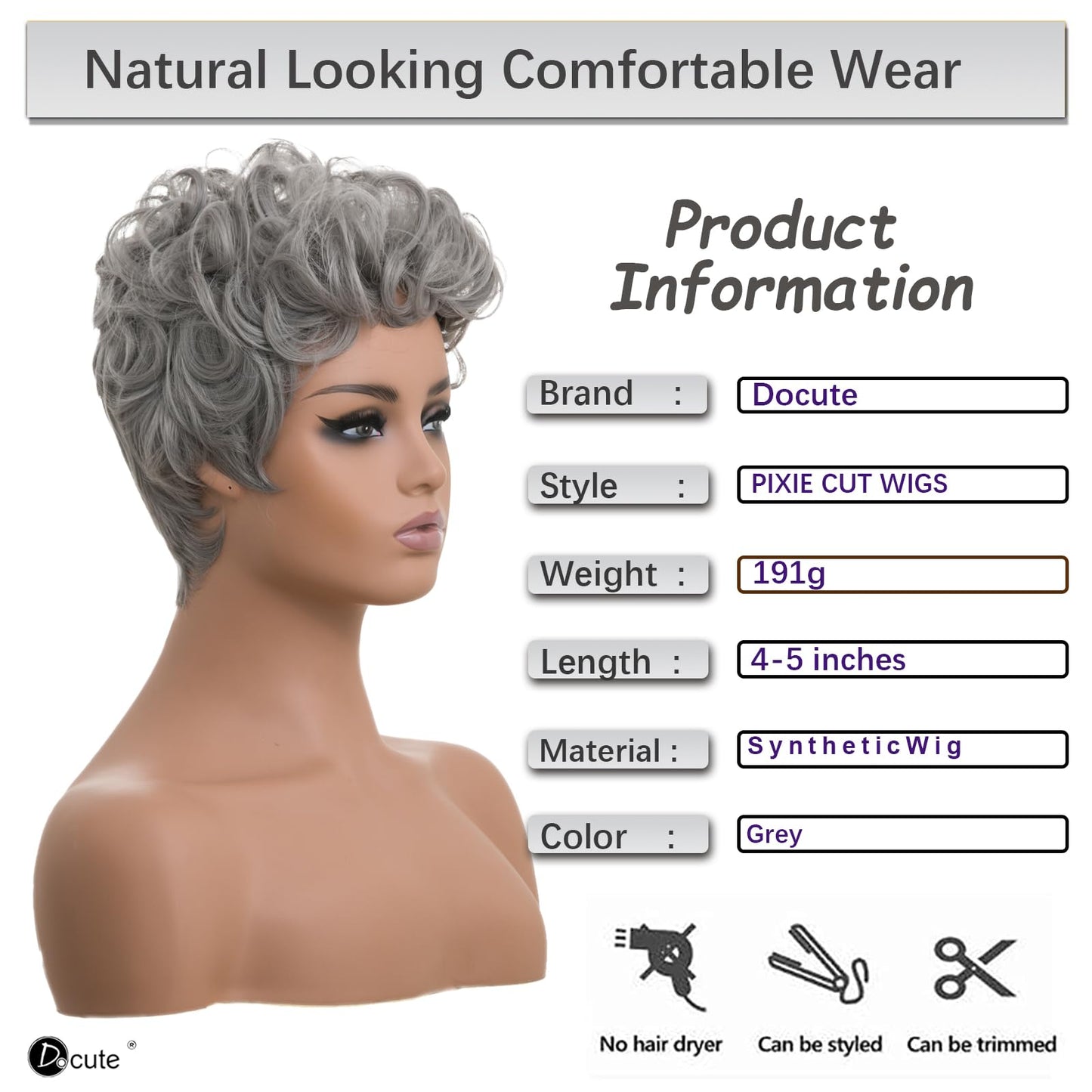 DOcute Gray Wig for Black People Pixie Cut Wig with Bangs Short Pixie, Curly Wig for Black Women, Fluffy Pixie Curly Wig for Women Natural Wavy Short Gray Pixie Cut (Grey)