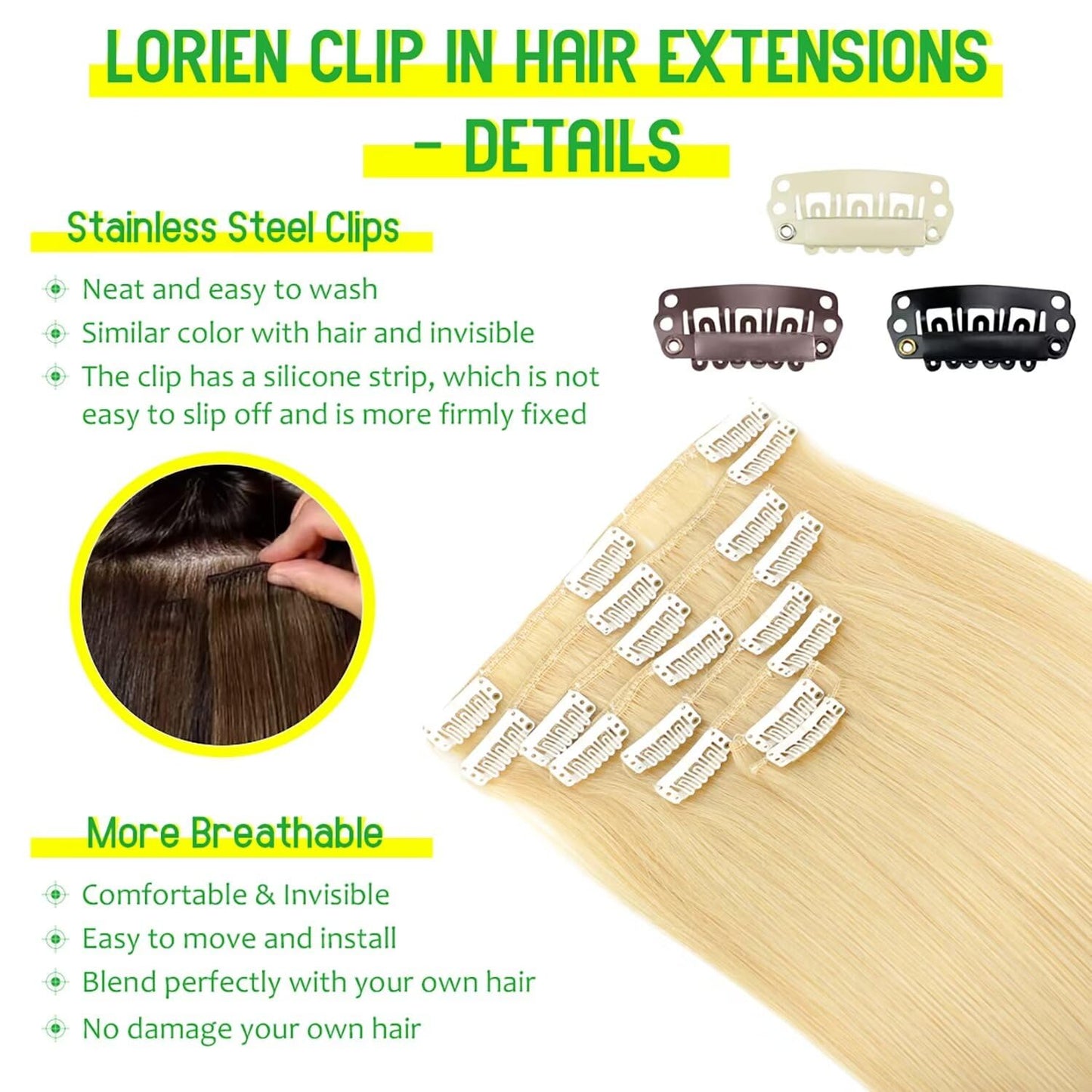 LORIEN Clip in Hair Extensions Real Human Hair, 18 Inch 100g, 613 Bleach Blonde, Clip in 100% Brazilian Remy Human Hair Extensions 8pcs Per Set with 18 Clips Double Weft