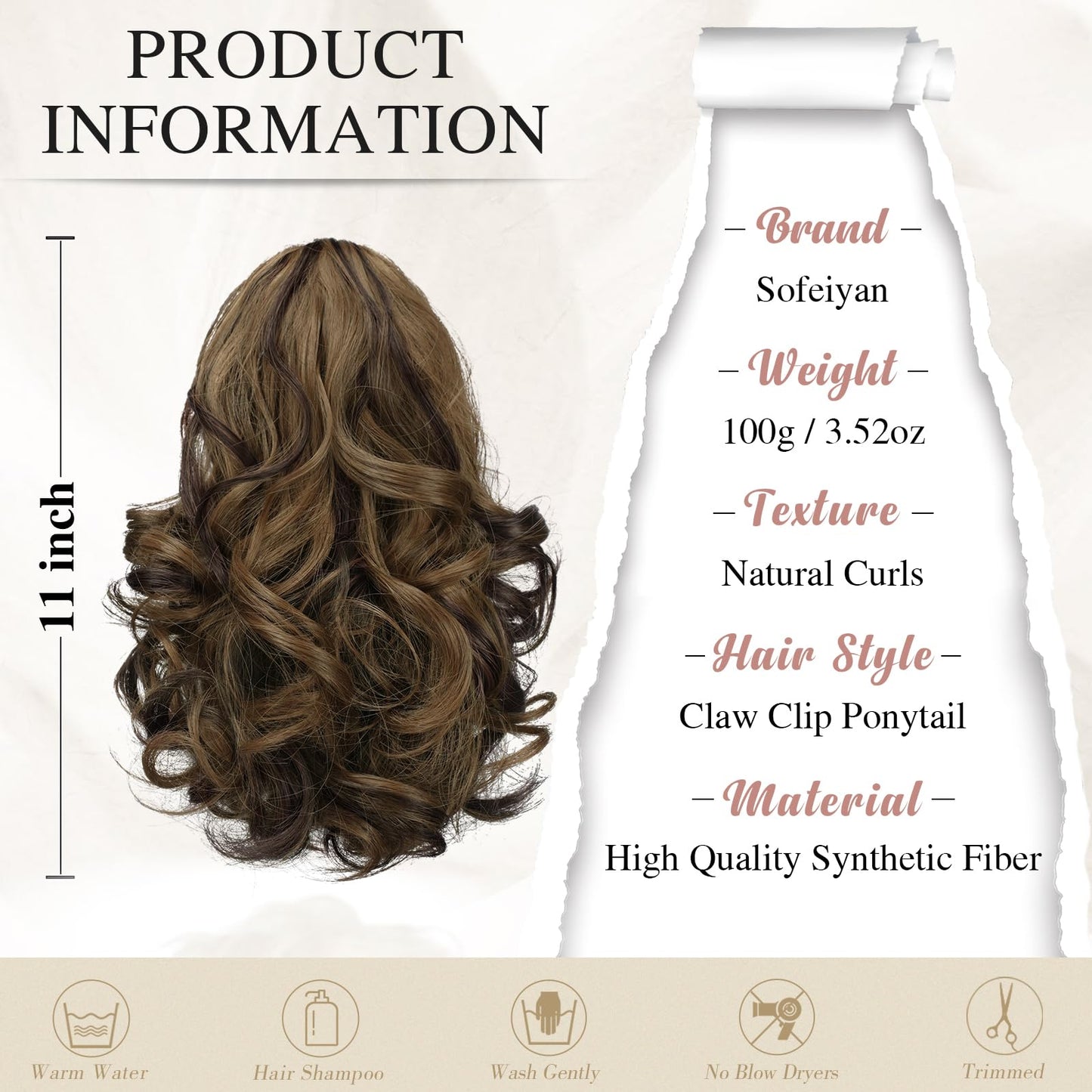SOFEIYAN Ponytail Extension 11 inch Claw Clip Ponytail Hair Extensions Long Curly Wavy Ponytail Fluffy Clip on Pony Tails Synthetic Hairpiece for Women,Dark Brown/Golden Auburn