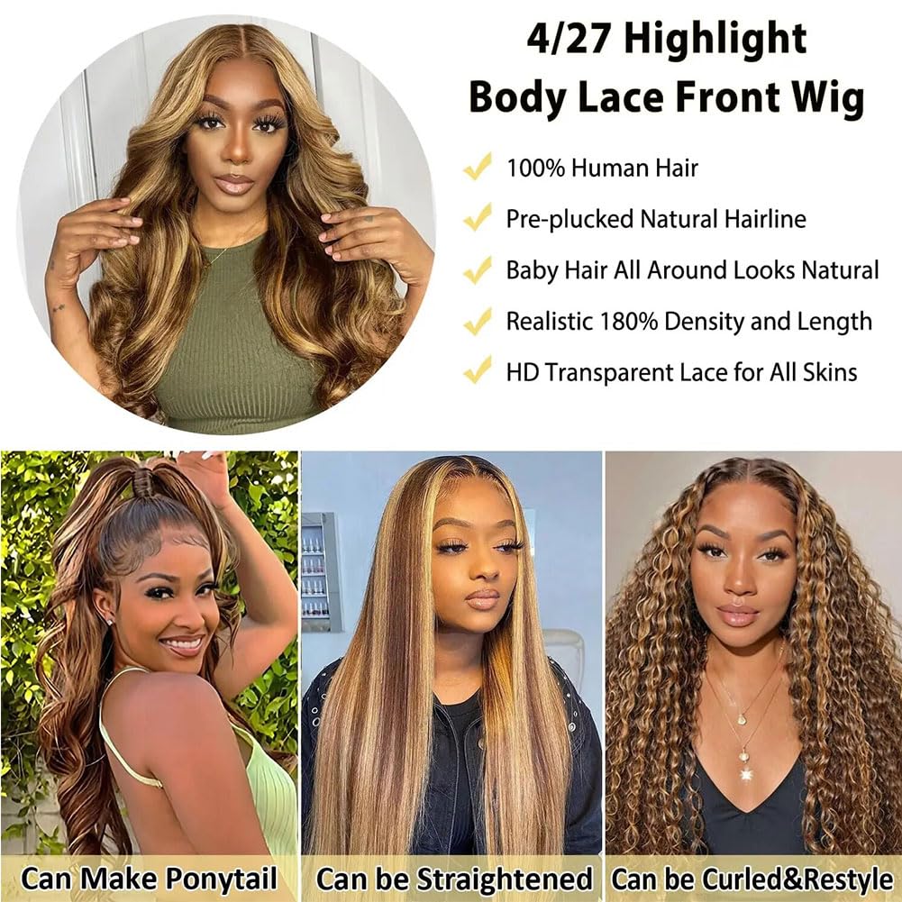 SERUYLEO Highlight Lace Front Wigs Human Hair Pre Plucked 4/27 13x4 Ombre Honey Blonde Transparent Lace Front Wigs Human Hair for Women 180% Density Body Wave Glueless Human Hair Wigs 22 Inch