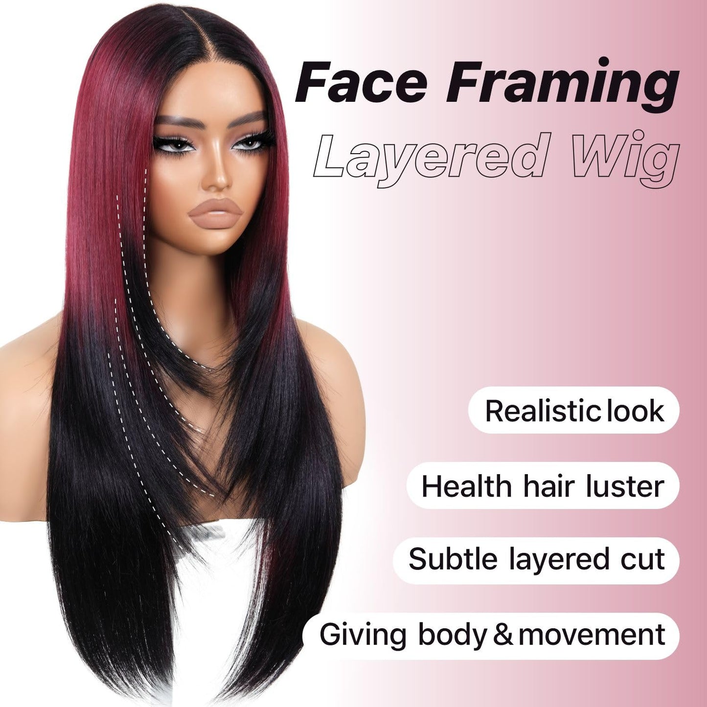 BrownBomb Ombre Red Black Wear and Go Glueless Wigs Pre Plucked Pre Cut for Beginners Synthetic Lace Front Wigs With Bangs Long Straight layered Wigs HD Lace 26 Inch 3 Seconds to Wear for Beginners