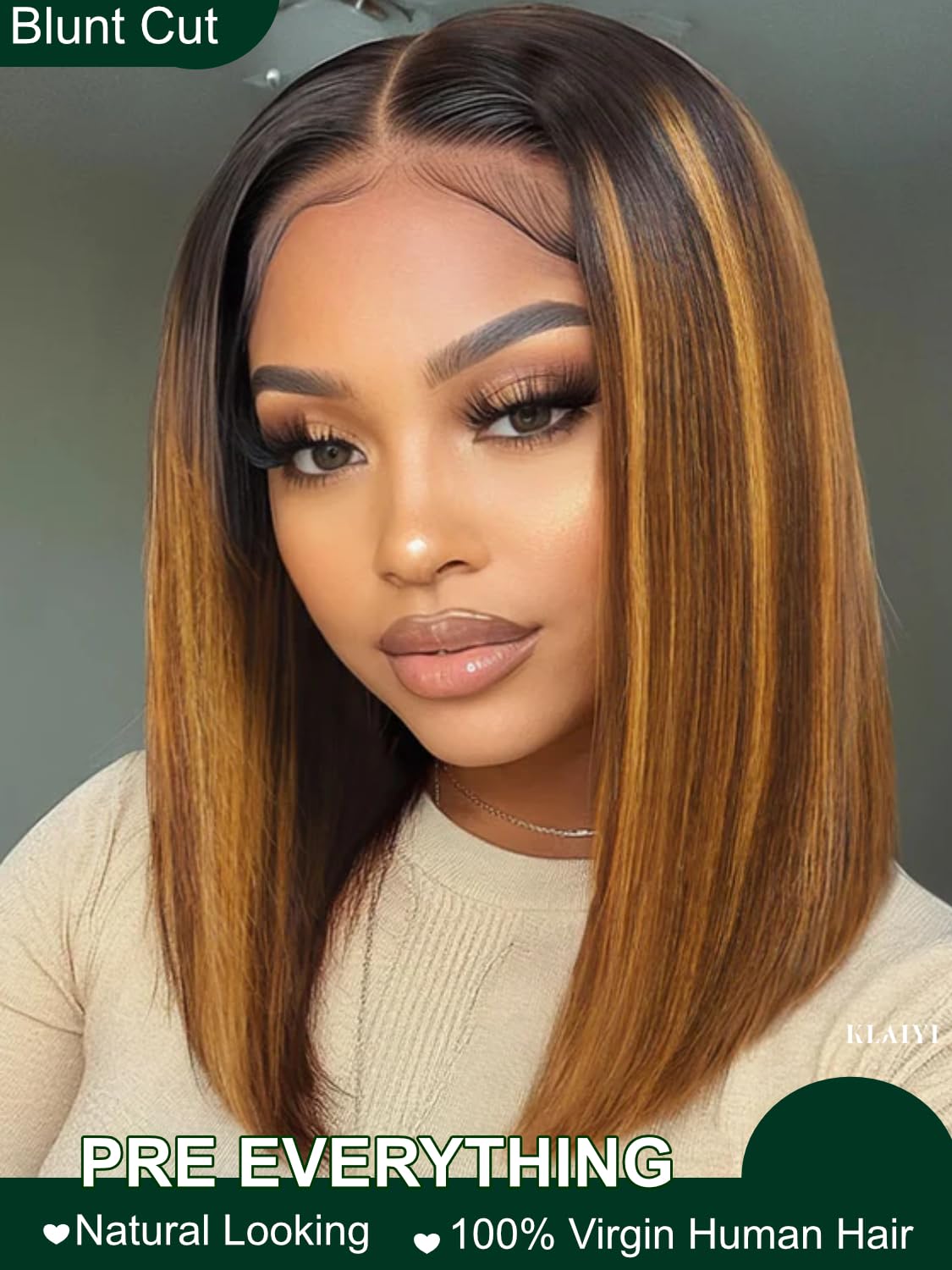 KLAIYI Bye Bye Knots Glueless Wig Ombre Brown with Blonde Bob Straight Precut 7x5Lace Front Human Hair Wig with Dark Roots Pre Plucked Bleached Blunt Cut Balayage Highlight Ready to Wear and Go 14Inch