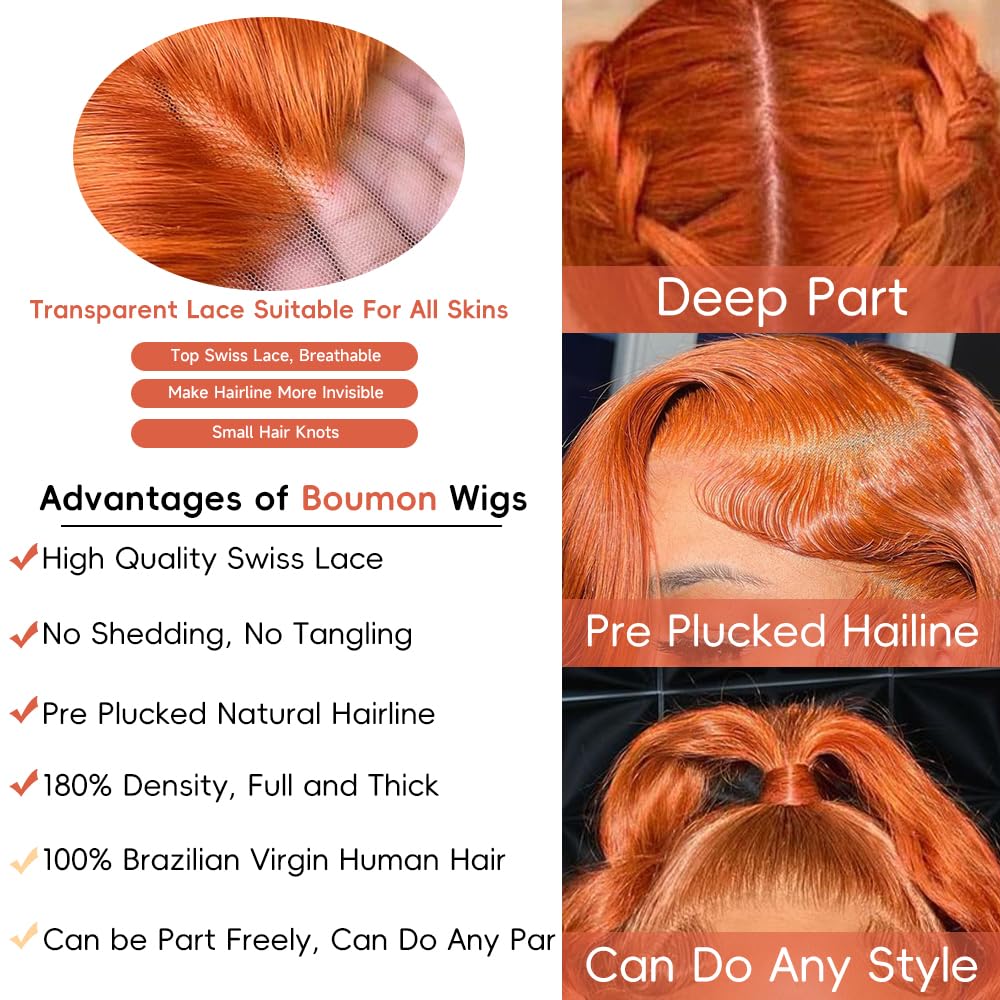 Ginger Lace Front Wig Human Hair Pre-Plucked 200% Density Body Wave HD Lace Frontal Wig 88J Colored Ginger Human Hair 13x4 Lace Front Wig Glueless 34 Inch