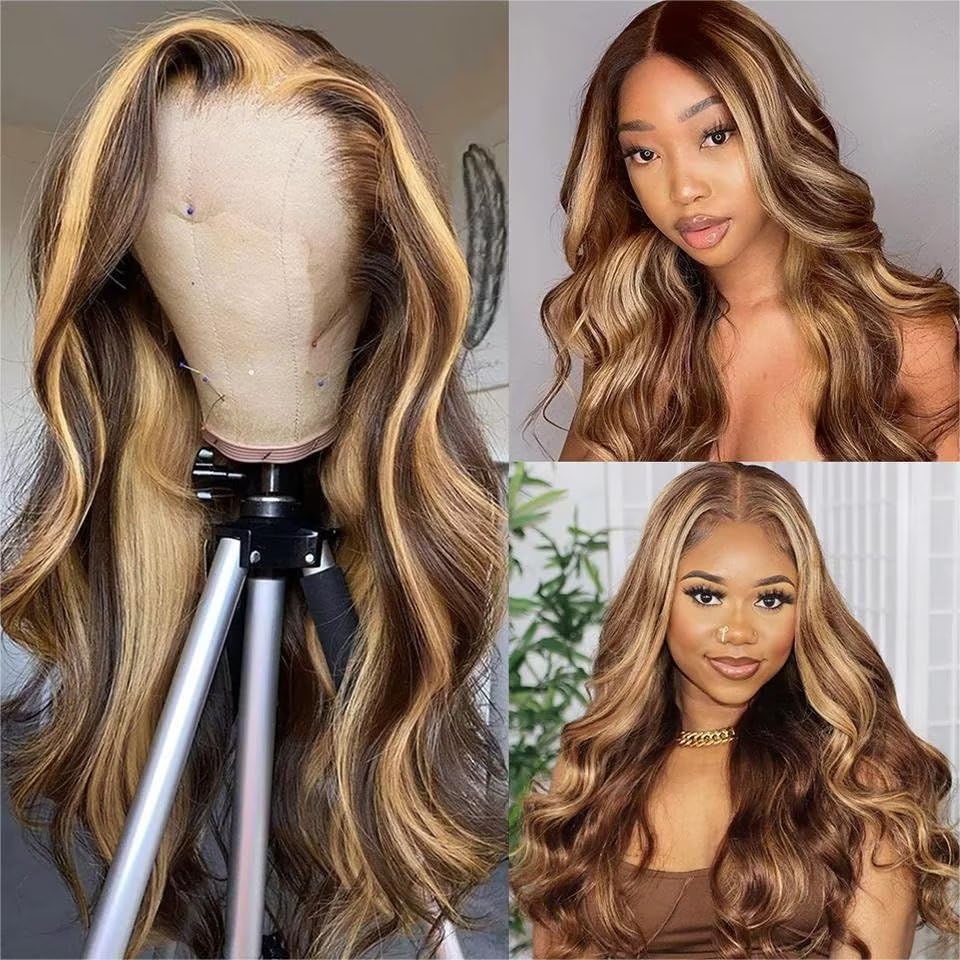 Yeeaak 32Inch Highlight Ombre Lace Front Wigs Human Hair 13x6 4/27 Highligt Body Wave Frontal Wig HD Transparent Lace Pre Plucked with Baby Hair 180% Density Glueless Honey Blonde Wig for Women