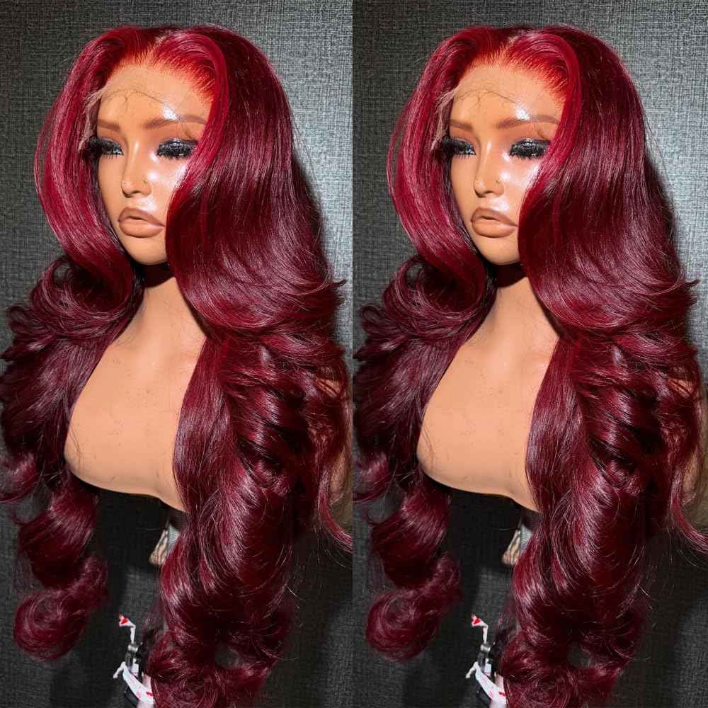 SISIFIRE Burgundy Body Wave Lace Front Wigs for Women 13 * 4 Inch Heat Resistant Fiber Long Loose Curly Lace Wig with Baby Hair Wine Red Synthetic Glueless Lace Front Wig for Daily Party Use 26 Inch