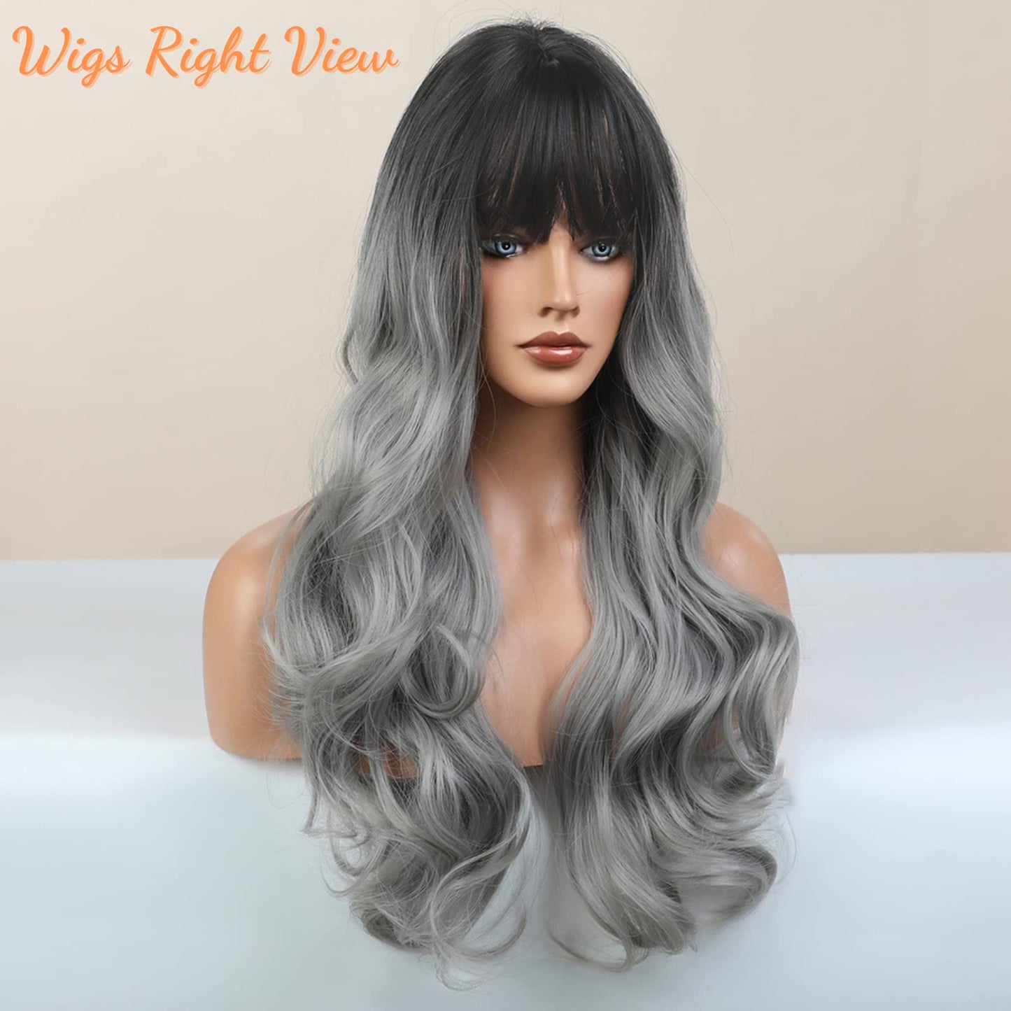 Honygebia Grey Wig with Bangs - Ombre Gray Wigs for Women, Long Wavy Layered Black Root Realistic Hair, Natural Synthetic Heat Resistant Wigs for Halloween/Christmas/Cosplay/Party