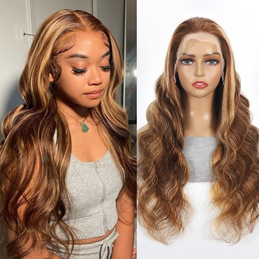Yeeaak 32Inch Highlight Ombre Lace Front Wigs Human Hair 13x6 4/27 Highligt Body Wave Frontal Wig HD Transparent Lace Pre Plucked with Baby Hair 180% Density Glueless Honey Blonde Wig for Women