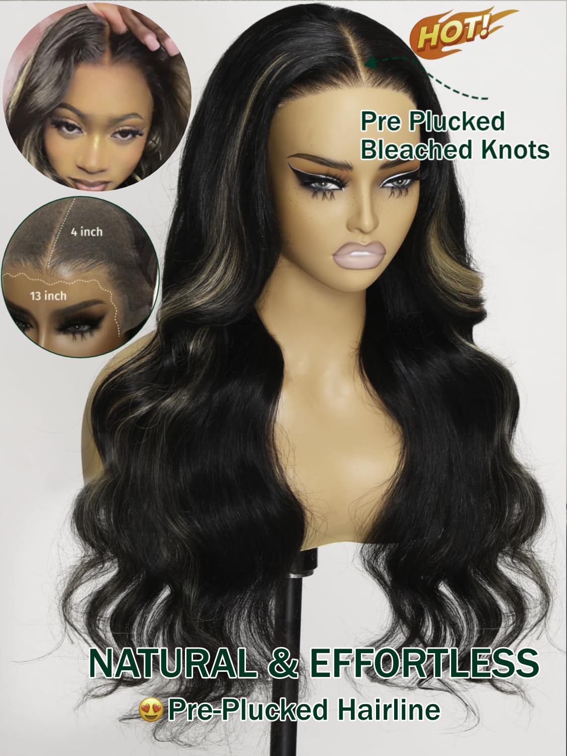 KLAIYI Bye Bye Knots Glueless Wig Human Hair 13x4 Balayage Highlight 3D Body Wave Precut Lace Front Wig with Baby Hair Black Mix Blonde Brown Pre Plucked Pre Bleached Knots Wig 30S Easy to Wear 26Inch