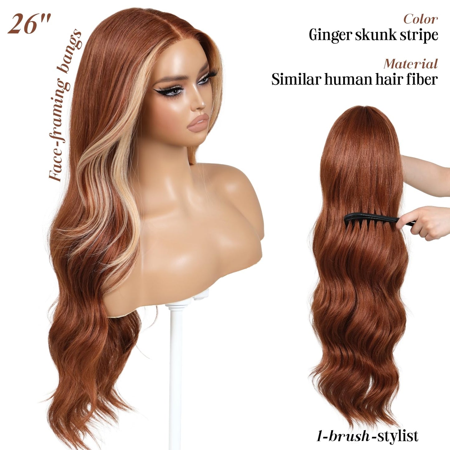 ENCOUNTERU Ginger Wear and Go Glueless Wig with Bangs Skunk Stripe Synthetic Lace Front Wigs for Women Body Wave Pre Plucked Pre Cut HD Lace Glueless Ready to Wear Middle Part 26 Inch
