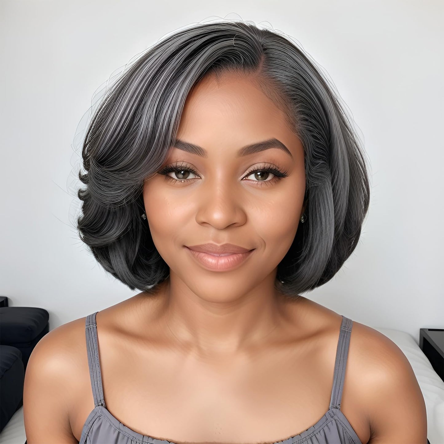 HANASCC Salt and Pepper Wigs for Women 10" Glueless Grey Short Bob Wigs Pre Plucked Body Wave Gray Human Hair Wig Pre Cut 5x5 HD Transparent Grey Glueless Lace Front Wigs for Women