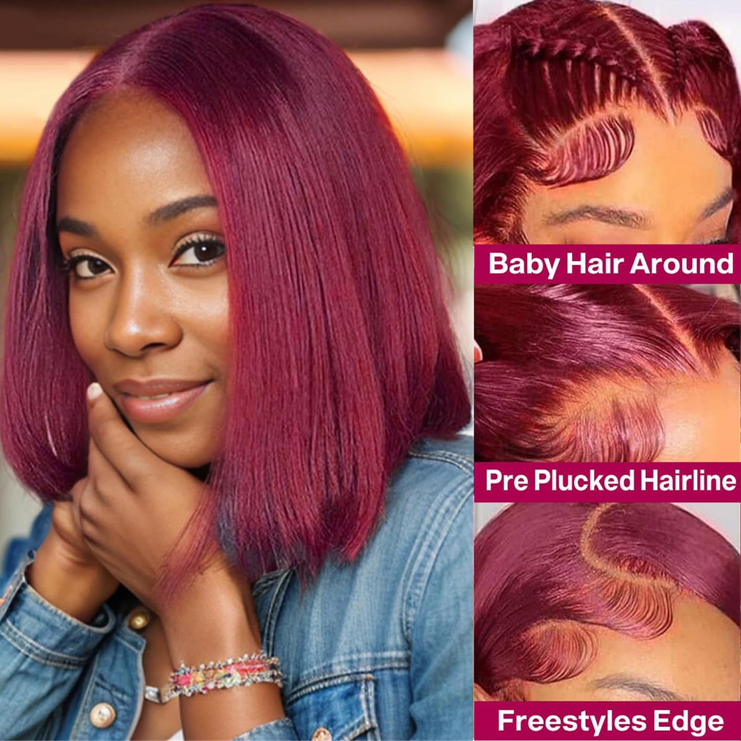 LUCK HAIR 99J Burgundy Straight Human Hair Wig 13x4 HD Lace Front Wigs Human Hair Glueless Hair Short Bob Human Hair Suitable for women Straight wigs 14 Inch