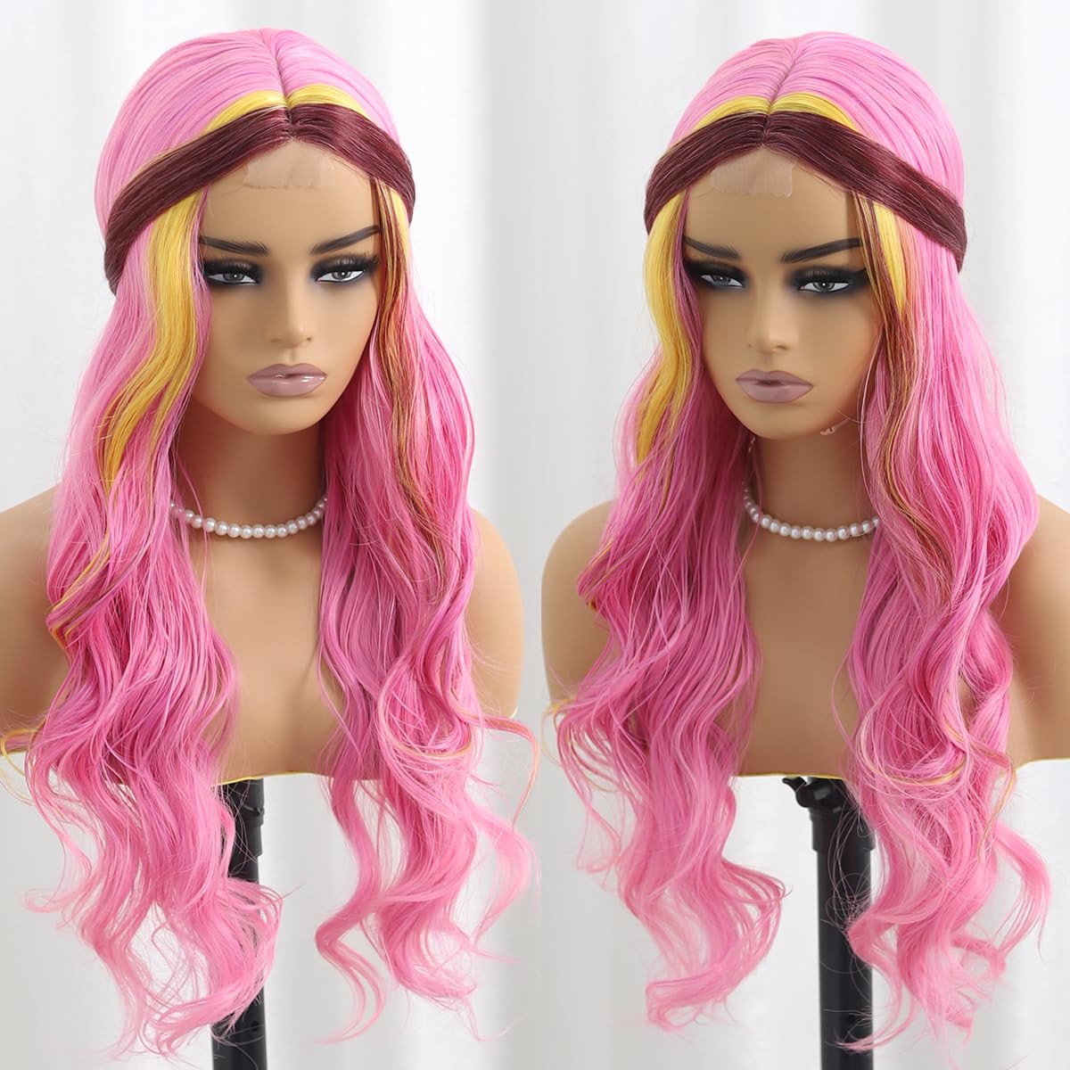 SISIFIRE Pink Yellow Highlight Dark Red Long Curly Wavy Wigs for Women Middle Part Synthetic Heat Resistant Fiber Small Lace Wig for Halloween Cosplay Christmas Wigs