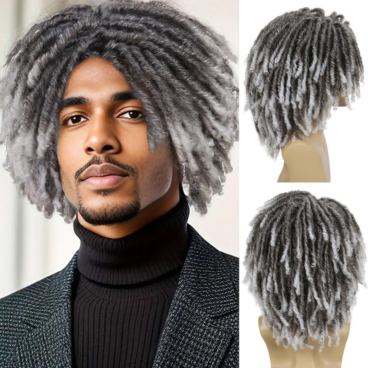 GNIMEGIL Fake Dreads Wigs with Bangs Ombre Grey Color Rocker Rasta Hair Male Dreadlocks Wig Medium Length Colly Braided Wigs for Men Guys Faux Loc Wig Gradient Gray