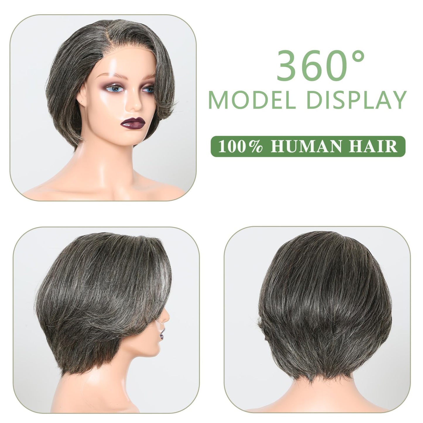 HANASCC 8" Glueless Straight Bob Salt and Pepper Wigs Human Hair Pre Plucked Gray Human Hair Wigs Short Pixie Cut Bob Wig Pre Cut 5x5 Closure HD Transparent Grey Lace Front Wigs for Women