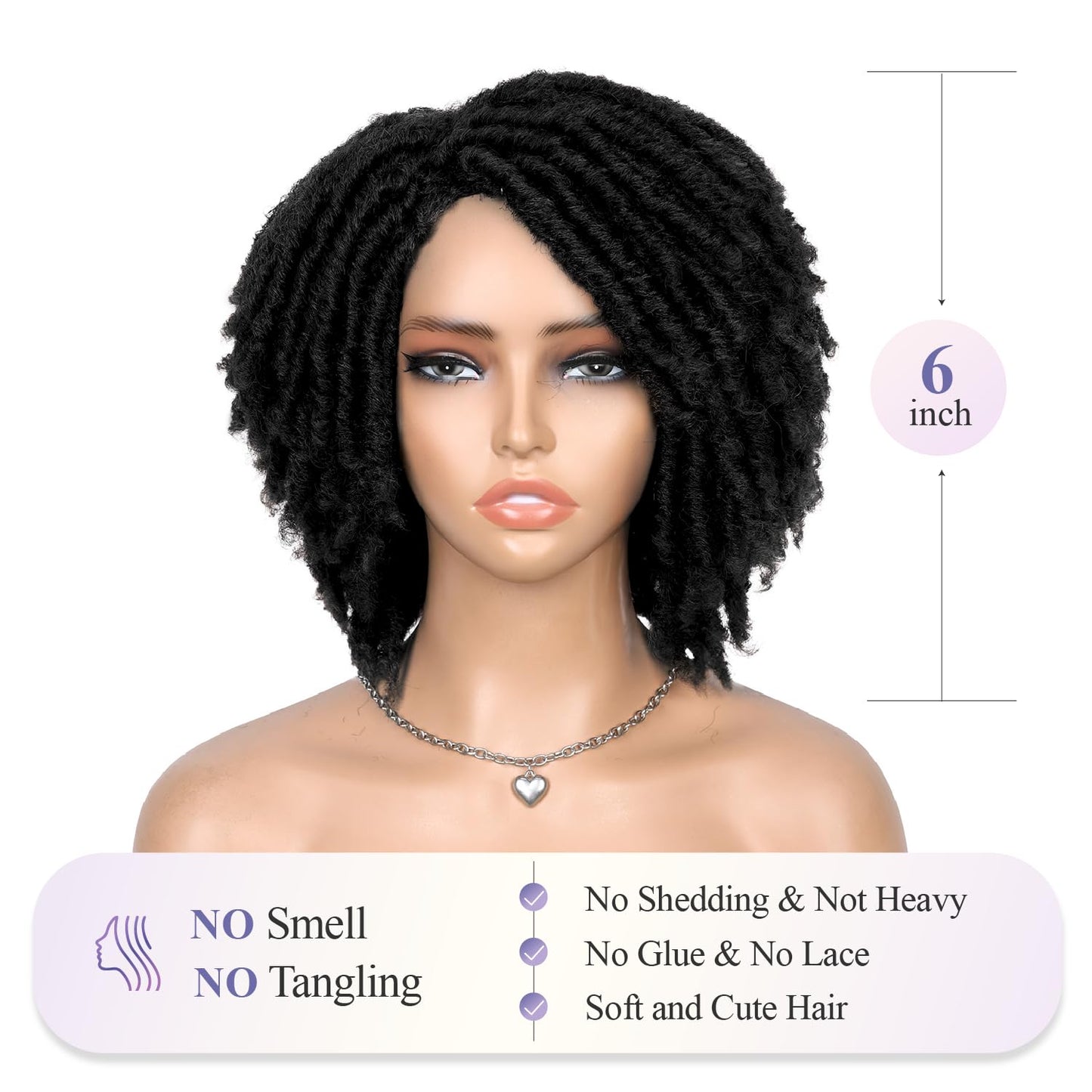 WIGER Dreadlock Wig Short Faux Locs Twist Wigs For Black Women Afro Braided Curly Synthetic Wigs For African American Women Daily Party Use(6 inch,1B)