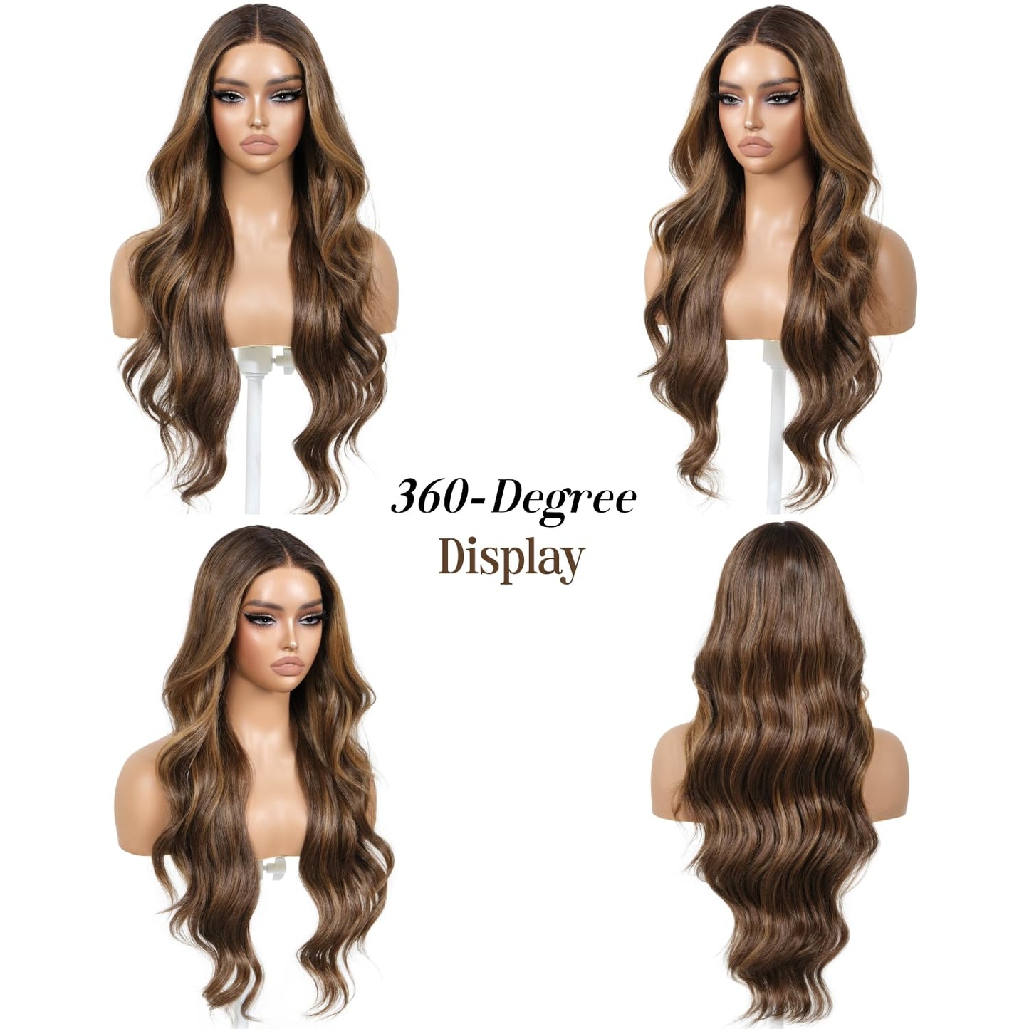 ENCOUNTERU Pre Cut Lace Glueless Wig Wear and Go Synthetic Lace Front Wigs for Women Brown and Blonde Highlight Body Wave Wig with Bangs Pre Plucked Ready to Wear Middle Part 26 Inch