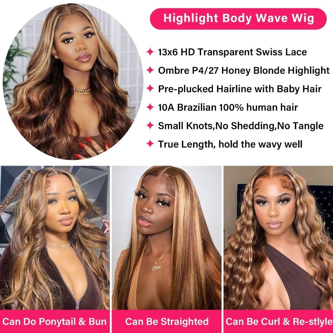 Yeeaak 32Inch Highlight Ombre Lace Front Wigs Human Hair 13x6 4/27 Highligt Body Wave Frontal Wig HD Transparent Lace Pre Plucked with Baby Hair 180% Density Glueless Honey Blonde Wig for Women