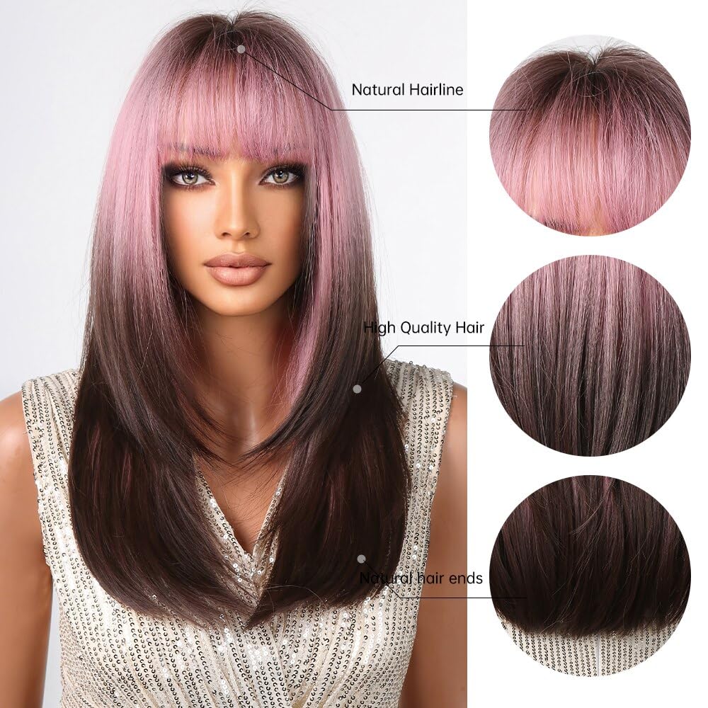 Tumhorn Long Ombre Brown and Pink Wigs for Women Straight Synthetic Wig with Bangs Brown Highlight Hair Replacement Wigs