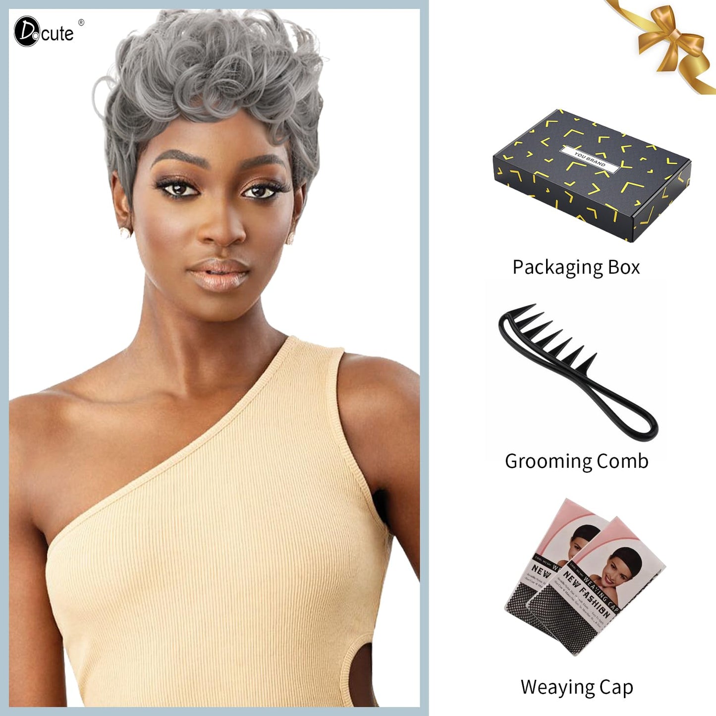 DOcute Gray Wig for Black People Pixie Cut Wig with Bangs Short Pixie, Curly Wig for Black Women, Fluffy Pixie Curly Wig for Women Natural Wavy Short Gray Pixie Cut (Grey)
